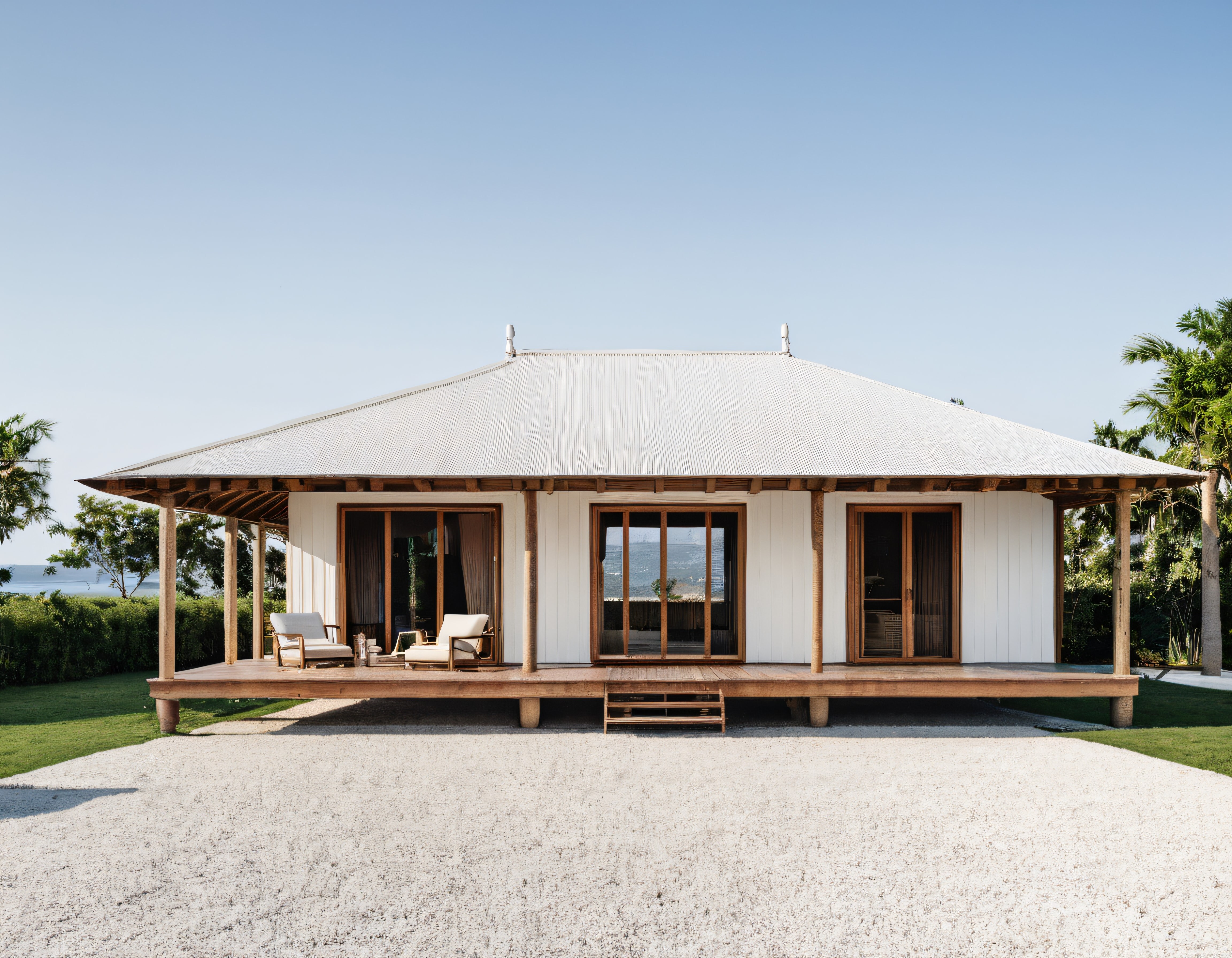 Sahile Sıfır Ahşap Verandalı Modern Beyaz Tropikal Villa ve Bahçe Manzarası
