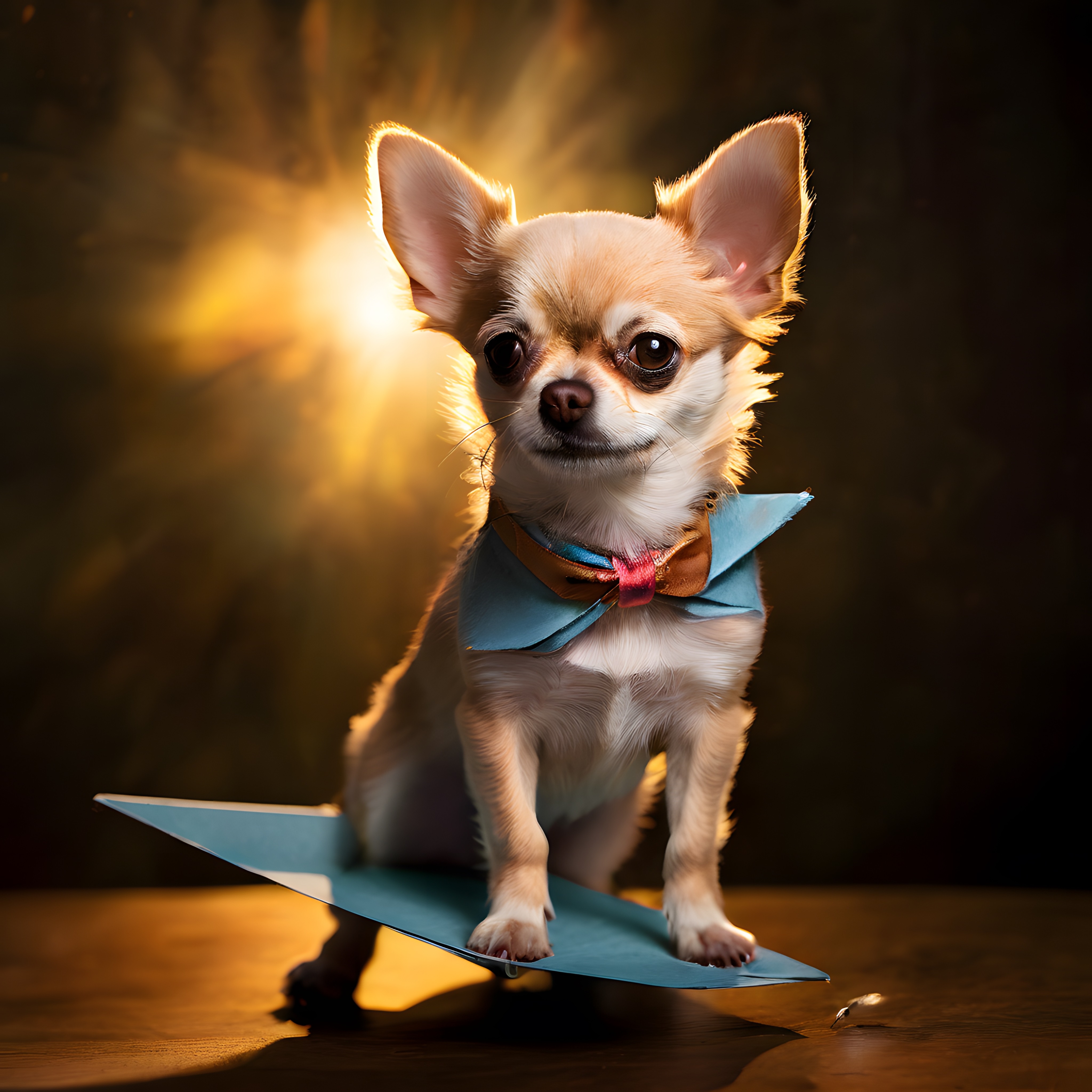 Sahne Işıkları Altında Mavi Yakalı ve Papyonlu Zarif Chihuahua Köpeği