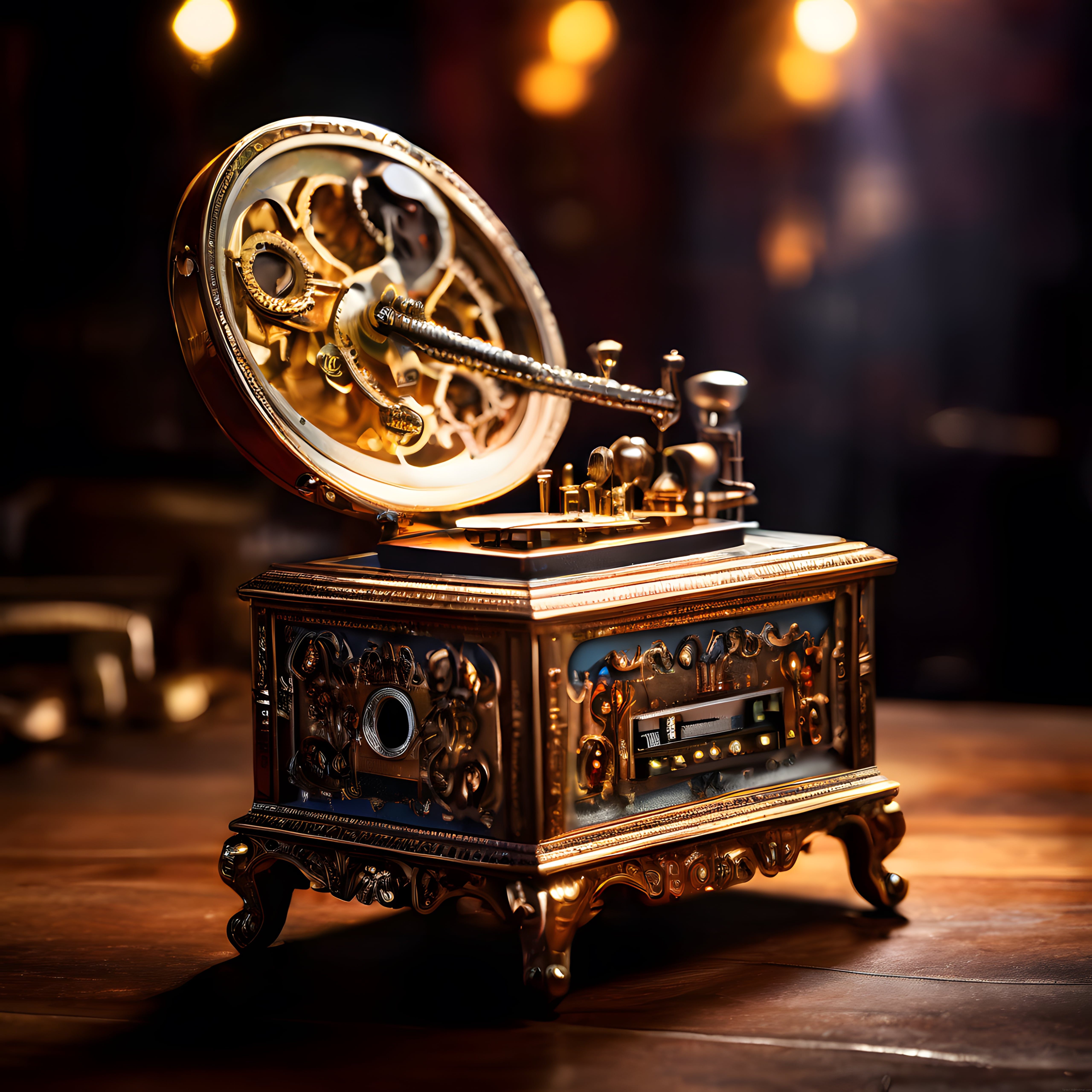Sahne Işıkları Altında Parlayan Antika Steampunk Müzik Kutusu ve Çarkları