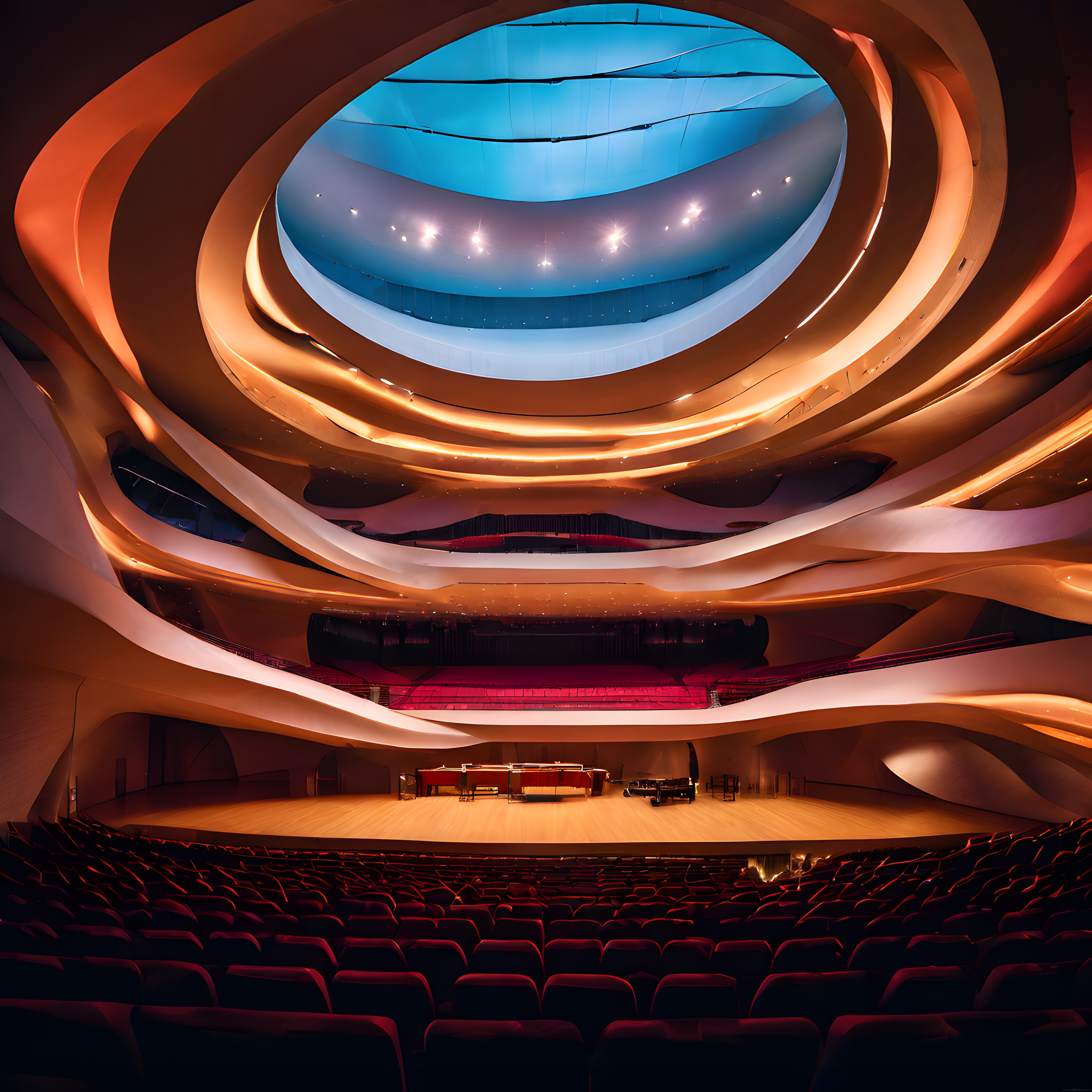 Sahne ve kırmızı koltuklarıyla dalgalı mimarili modern konser salonu