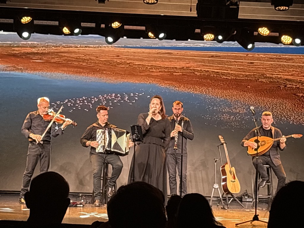 Sahnedeki geleneksel enstrümanlarla canlı halk müziği performansı ve vokalist