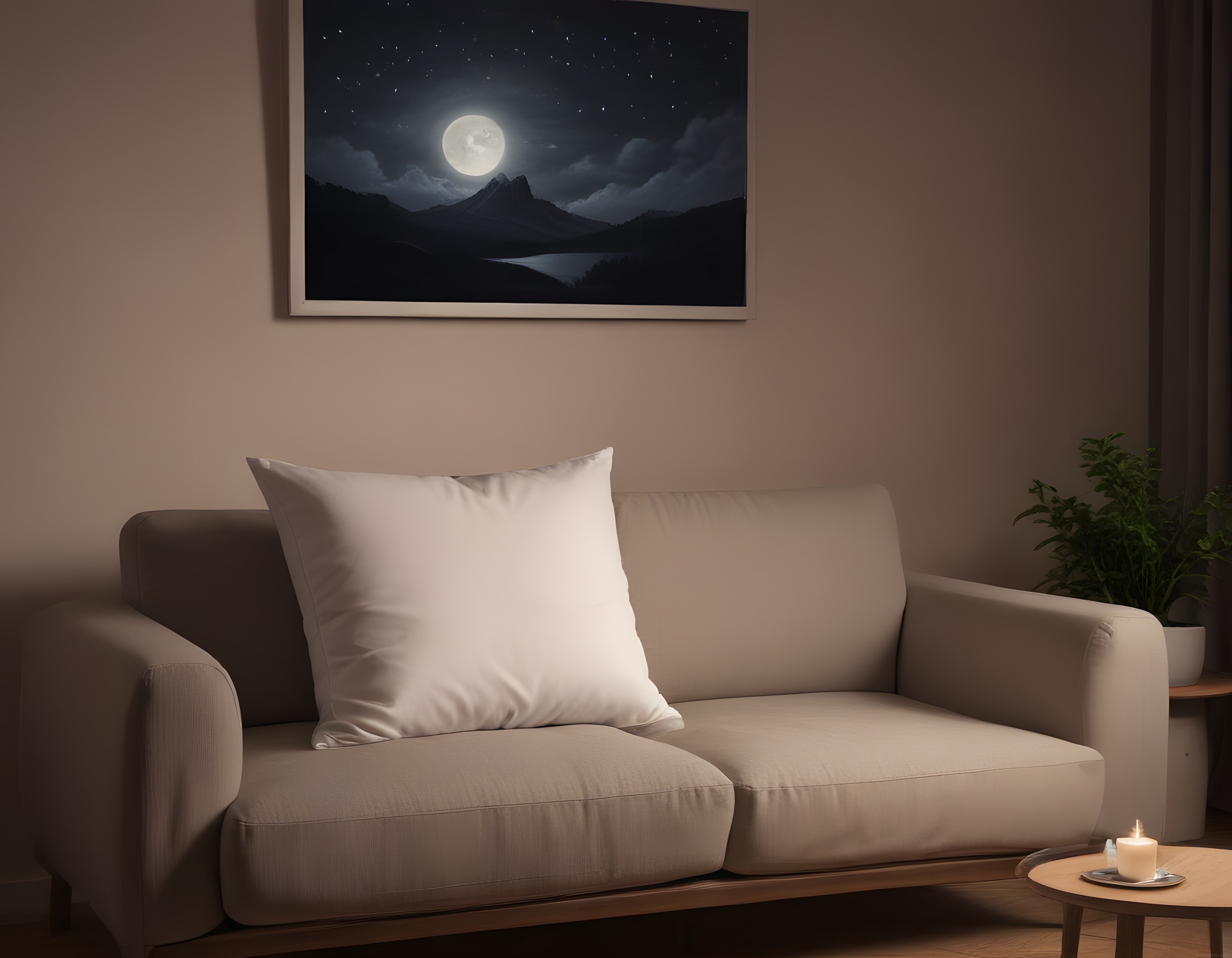 Sakin Akşam Atmosferi: Dolunay Manzaralı Minimalist Oturma Odası Dekorasyonu