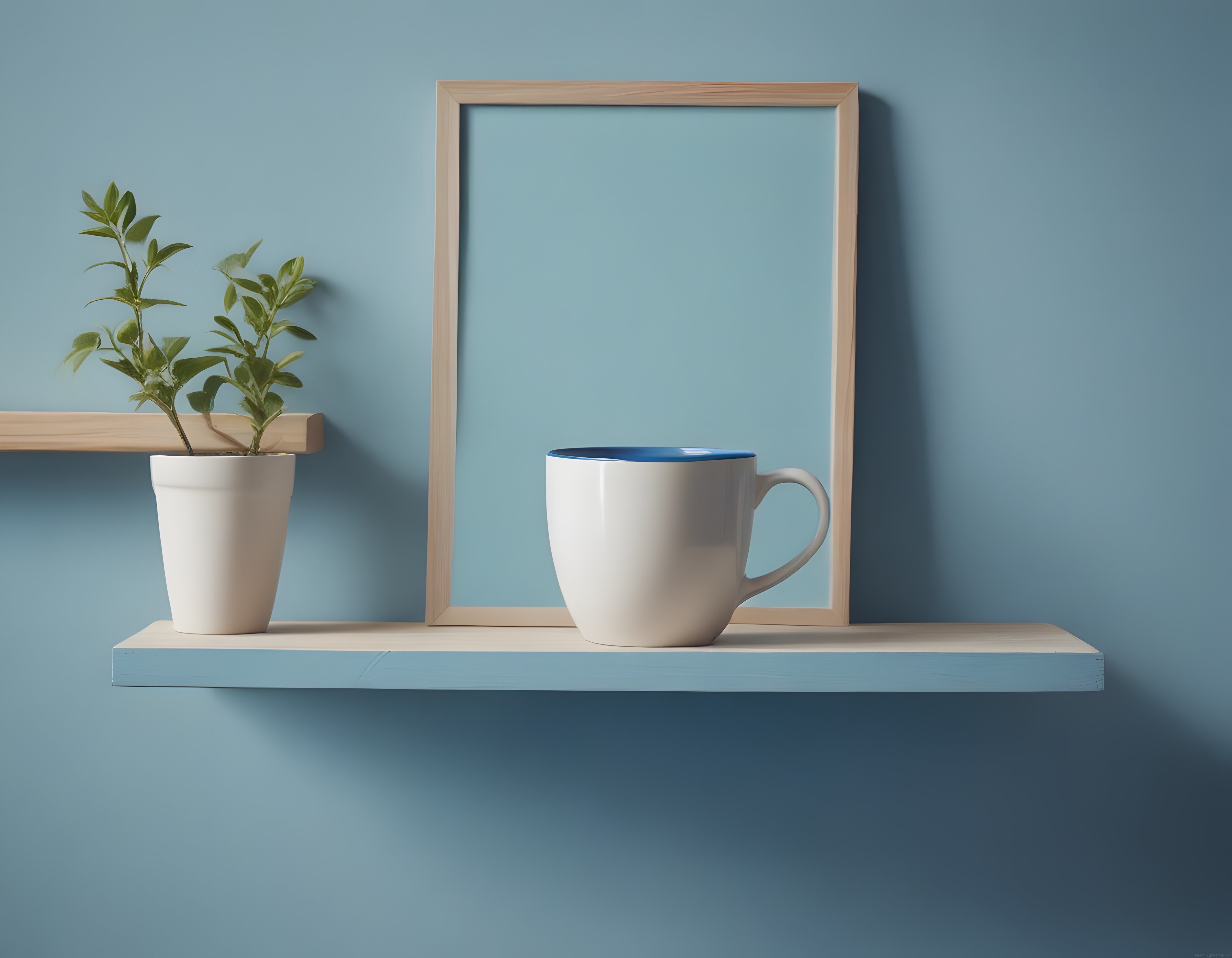 Sakin bir köşe: Ahşap raflarda bitki, kupa ve boş çerçeve ile minimal dekor