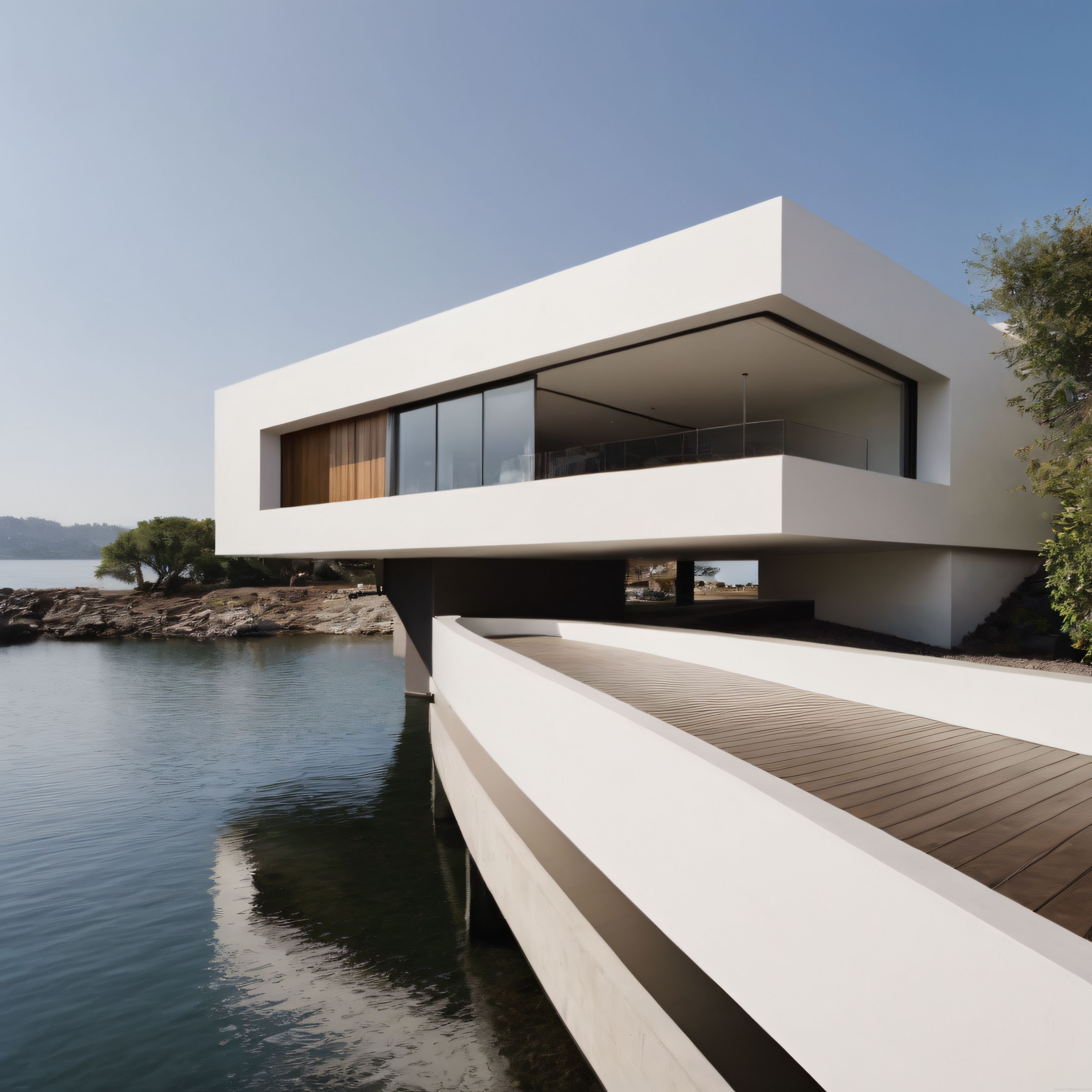 Sakin Göl Kenarında Uzanan Modern ve Minimalist Beyaz Ev Mimarisi