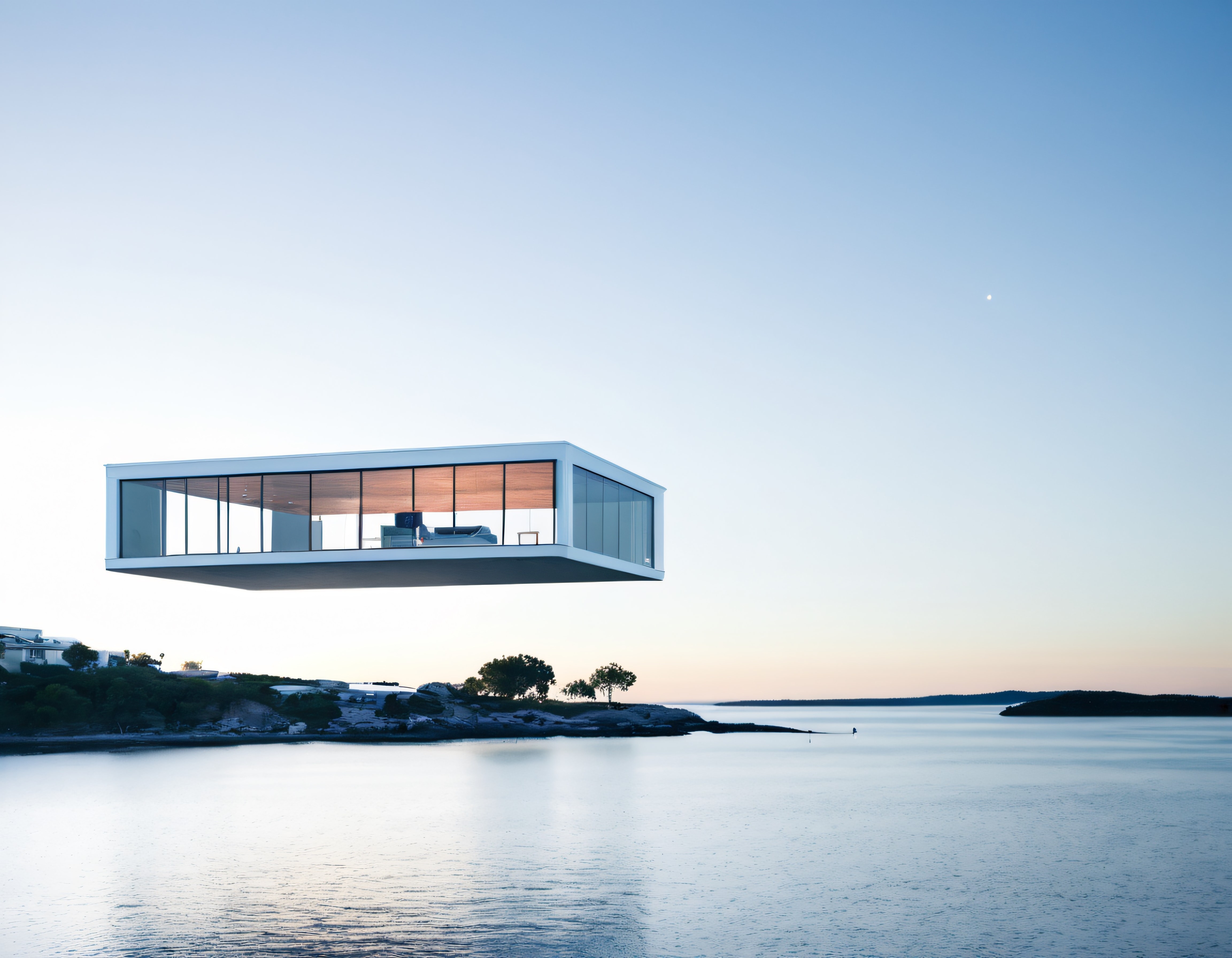 Sakin Göl Üzerinde Asılı Duran Modern Cam Villa ve Minimalist Tasarım