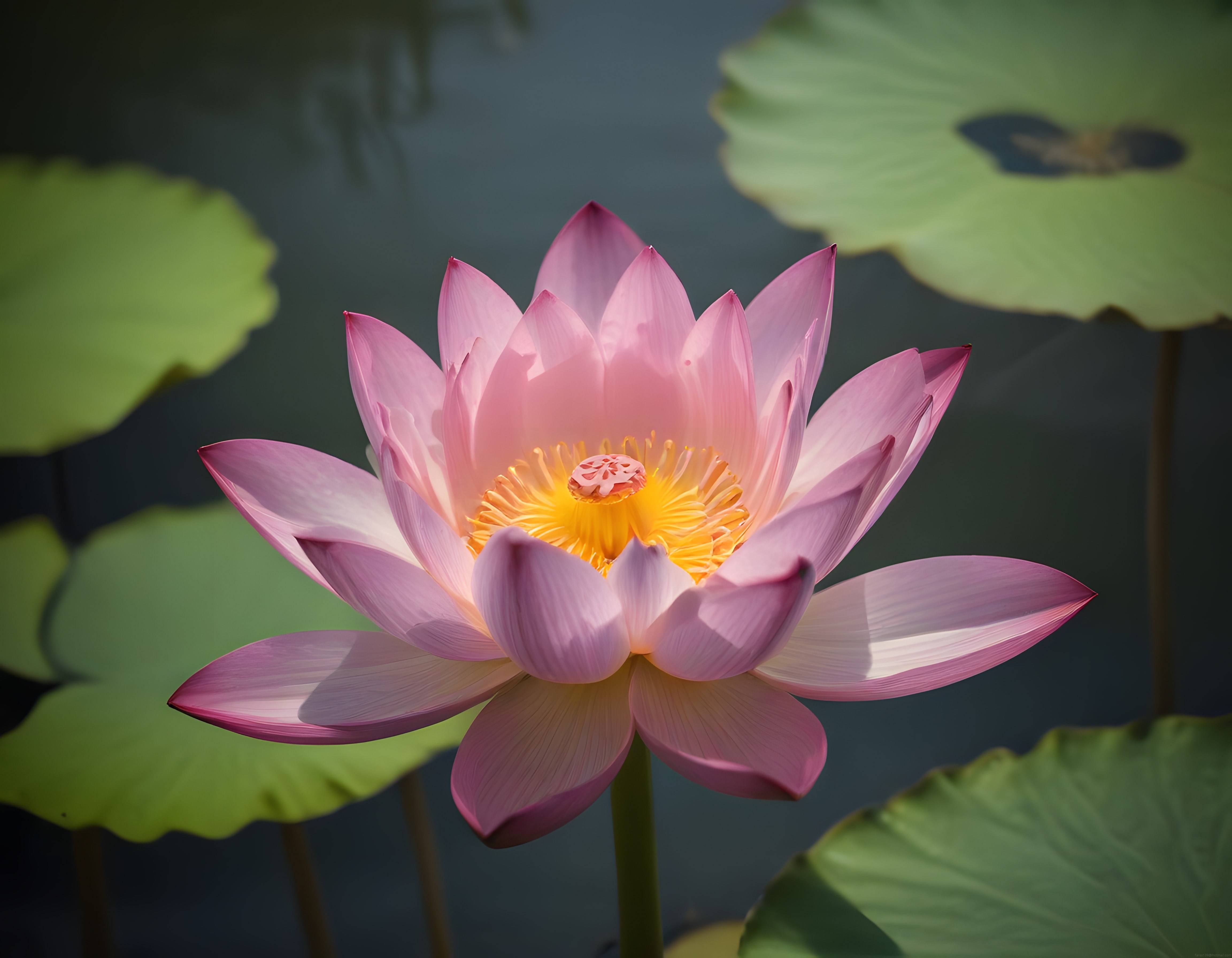 Sakin Gölde Yüzen Yapraklarla Çevrili Büyüleyici Pembe Lotus Çiçeği