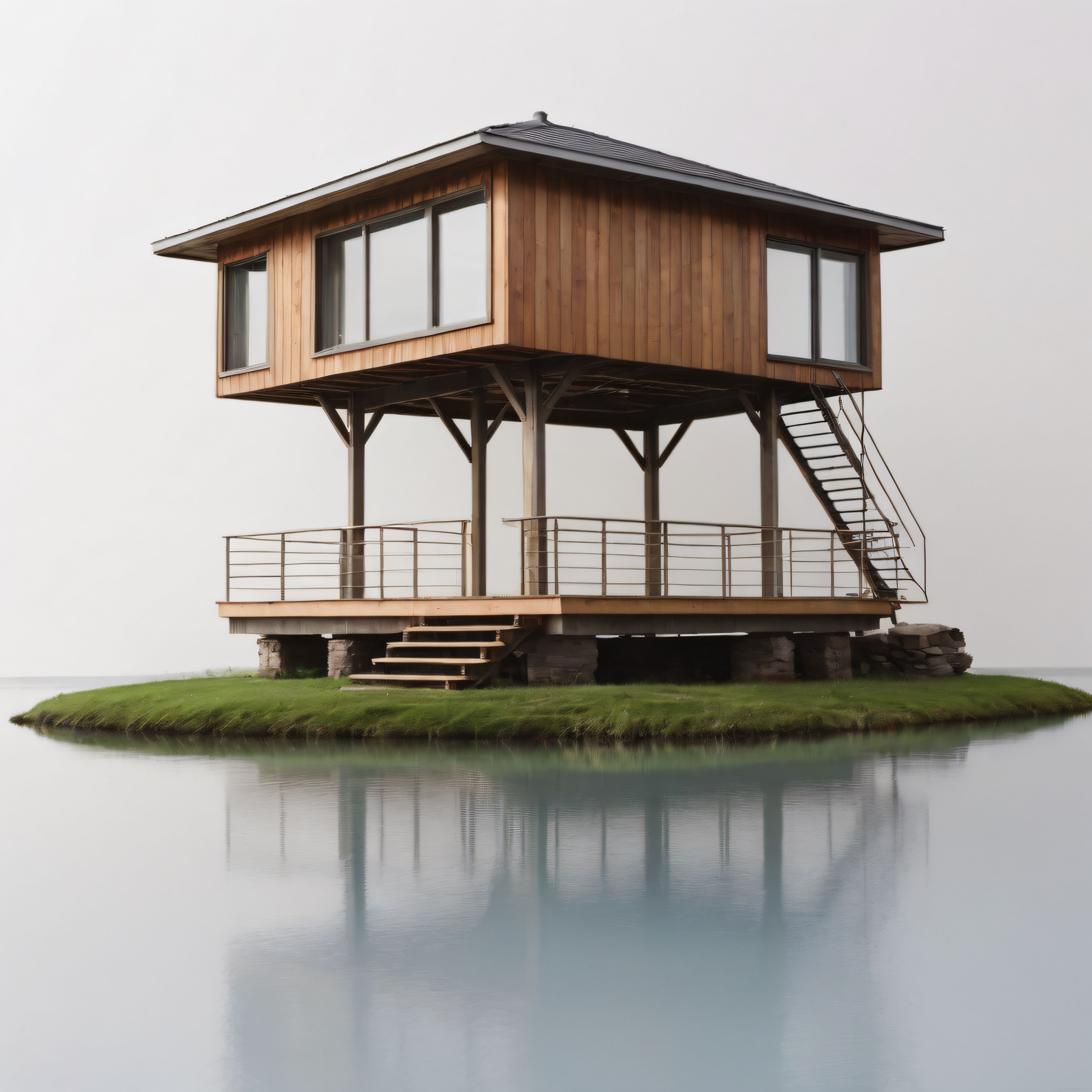 Sakin Gölün Ortasındaki Yüksek Ayaklı İzole Ahşap Ev ve Minimalist Atmosfer