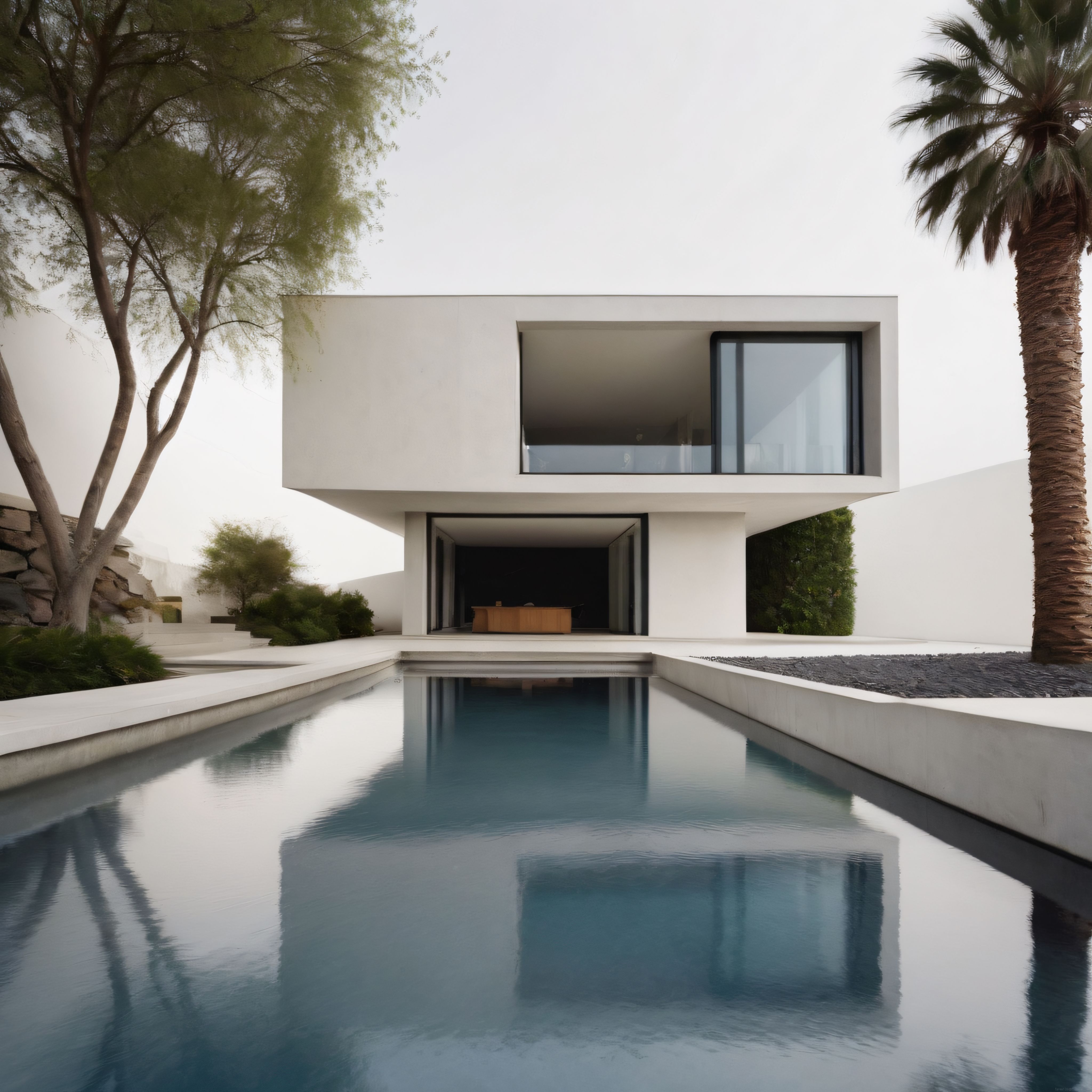 Sakin Su Yüzeyinde Yansıyan Modern Beyaz Villa ve Minimalist Mimari