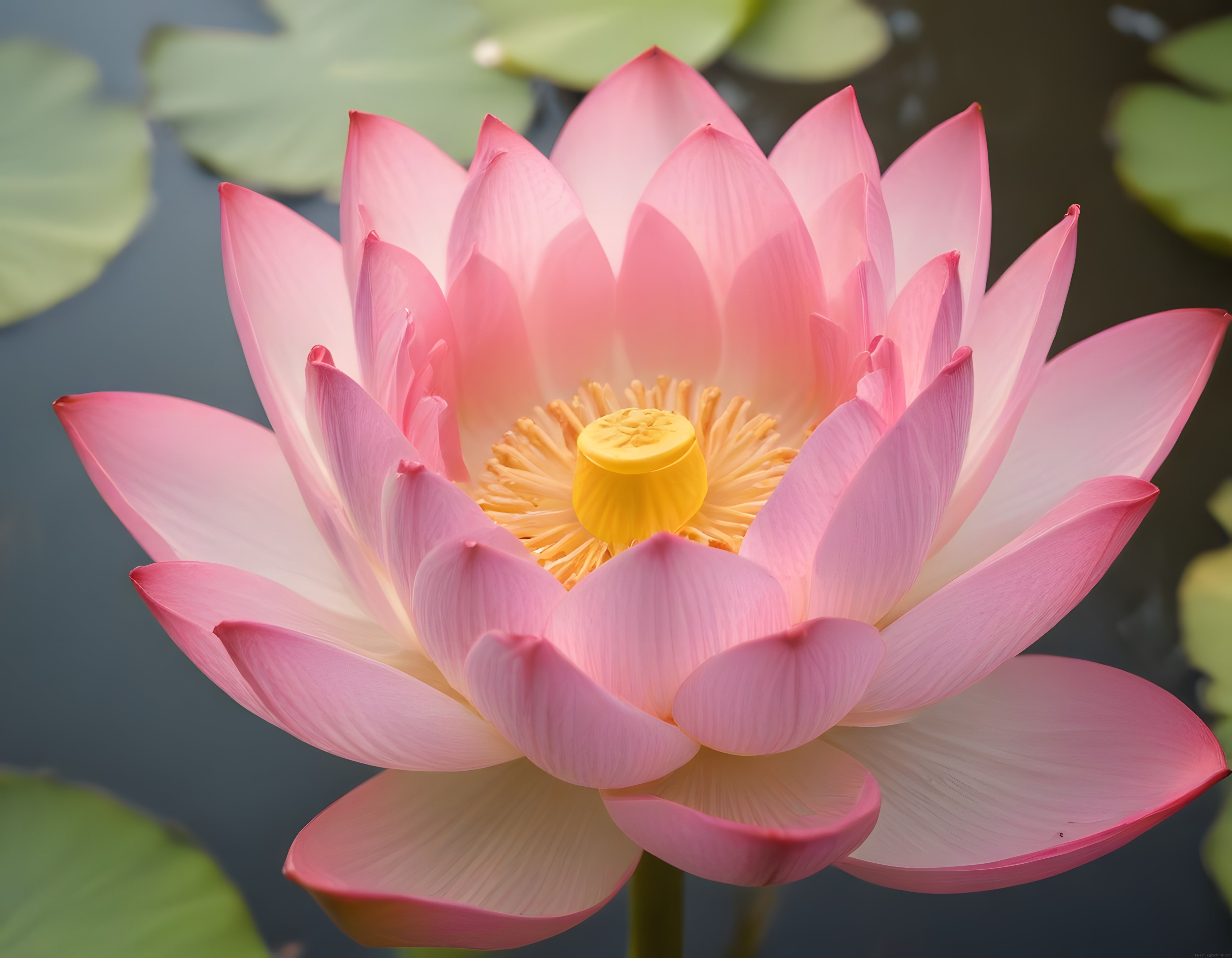 Sakin Sularda Açan Pembe Lotus Çiçeği ve Yumuşak Yaprak Detayları