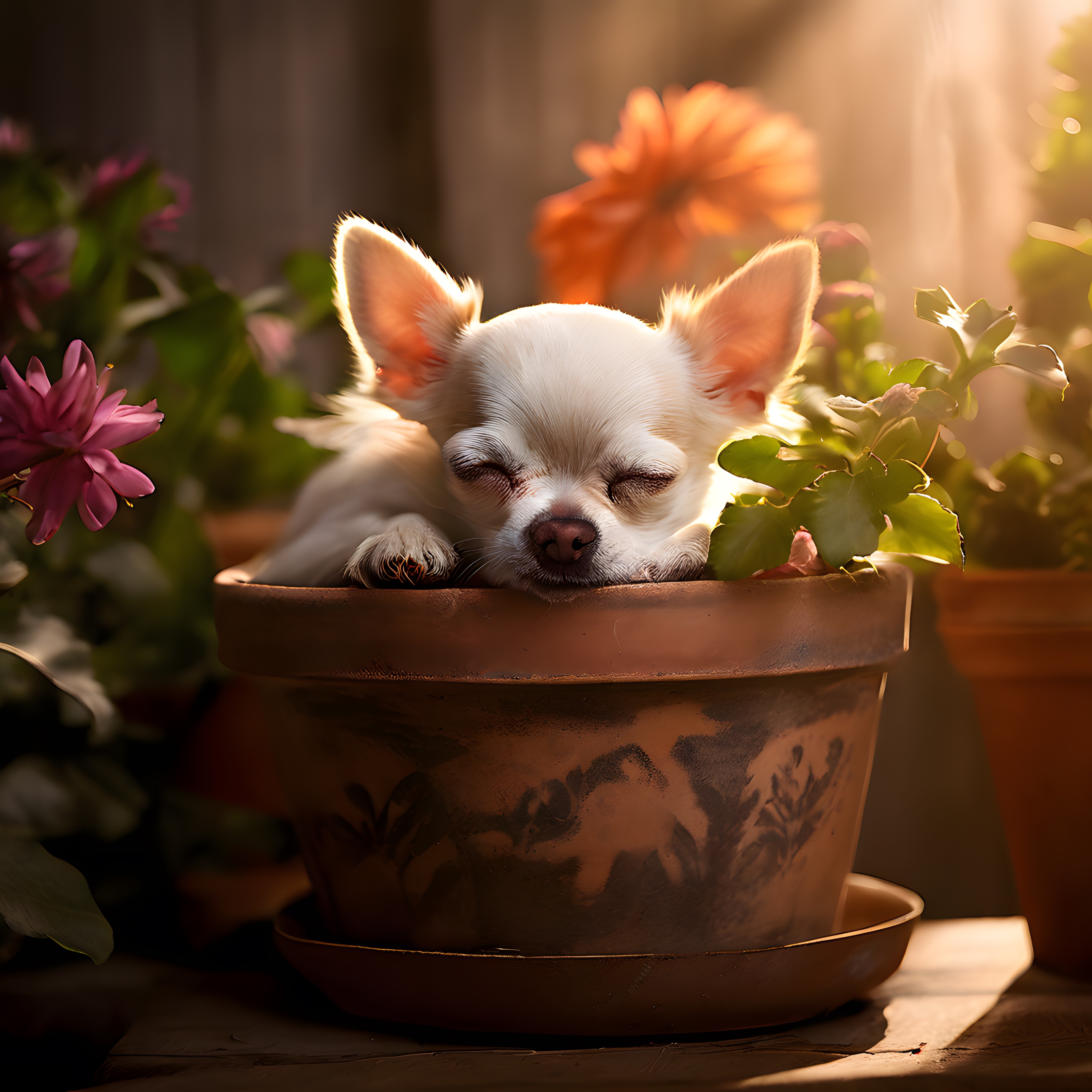 Saksının İçinde Gün Işığında Uyuyan Beyaz Chihuahua Yavrusu
