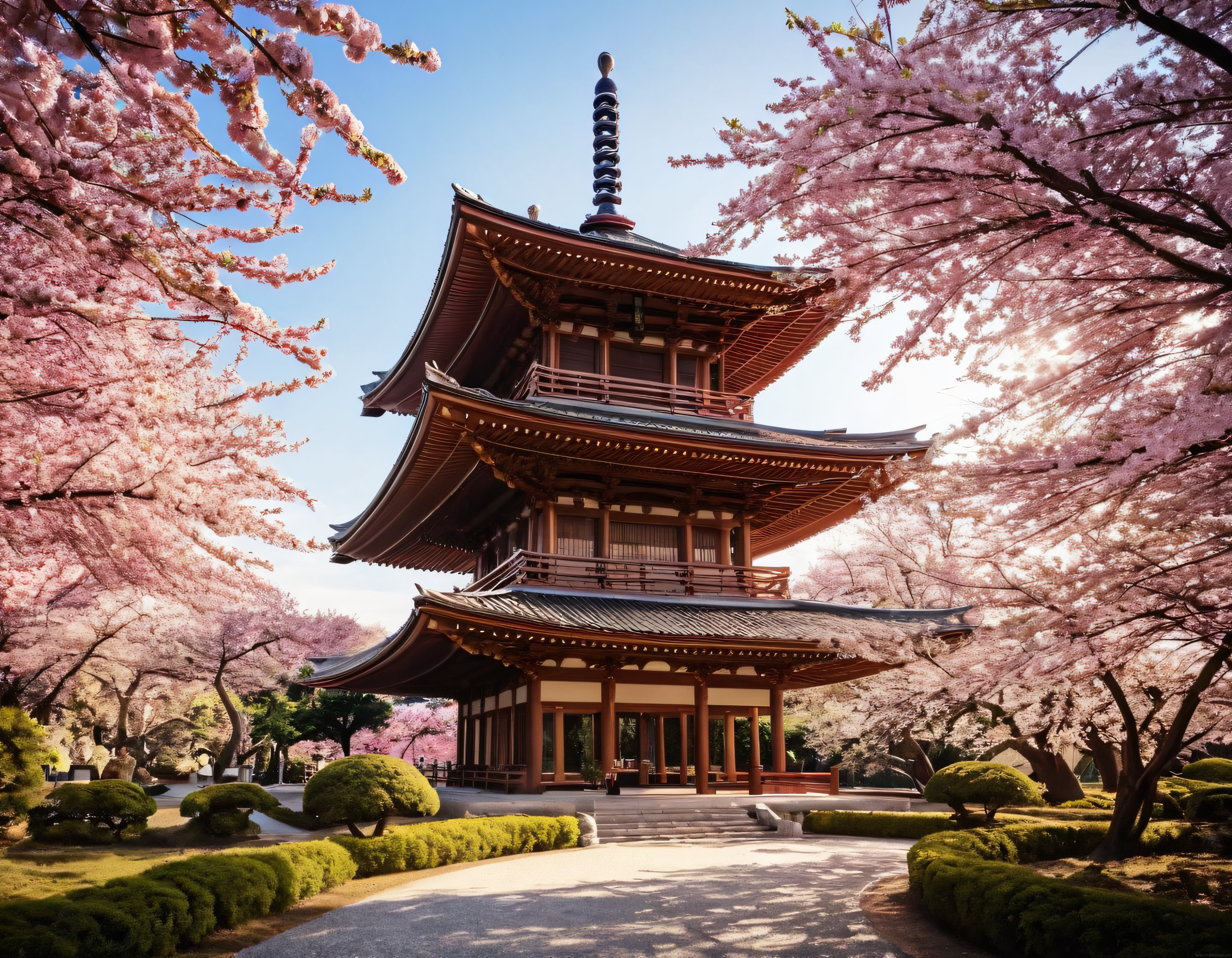 Sakura Ağaçlarıyla Çevrili Geleneksel Japon Pagodası ve Bahar Manzarası