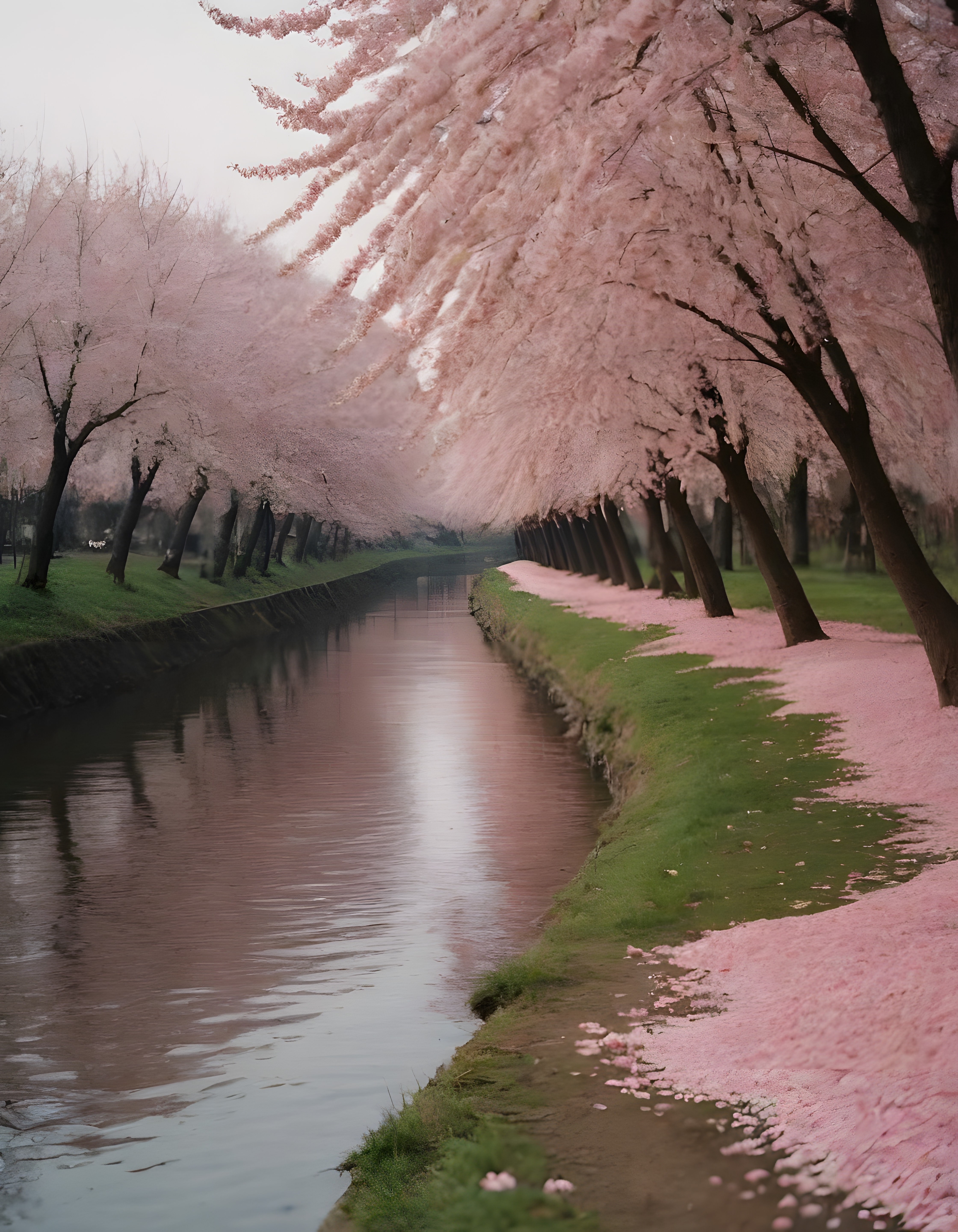 Sakura Ağaçlarıyla Çevrili Nehirde Baharın Huzur Veren Doğa Manzarası