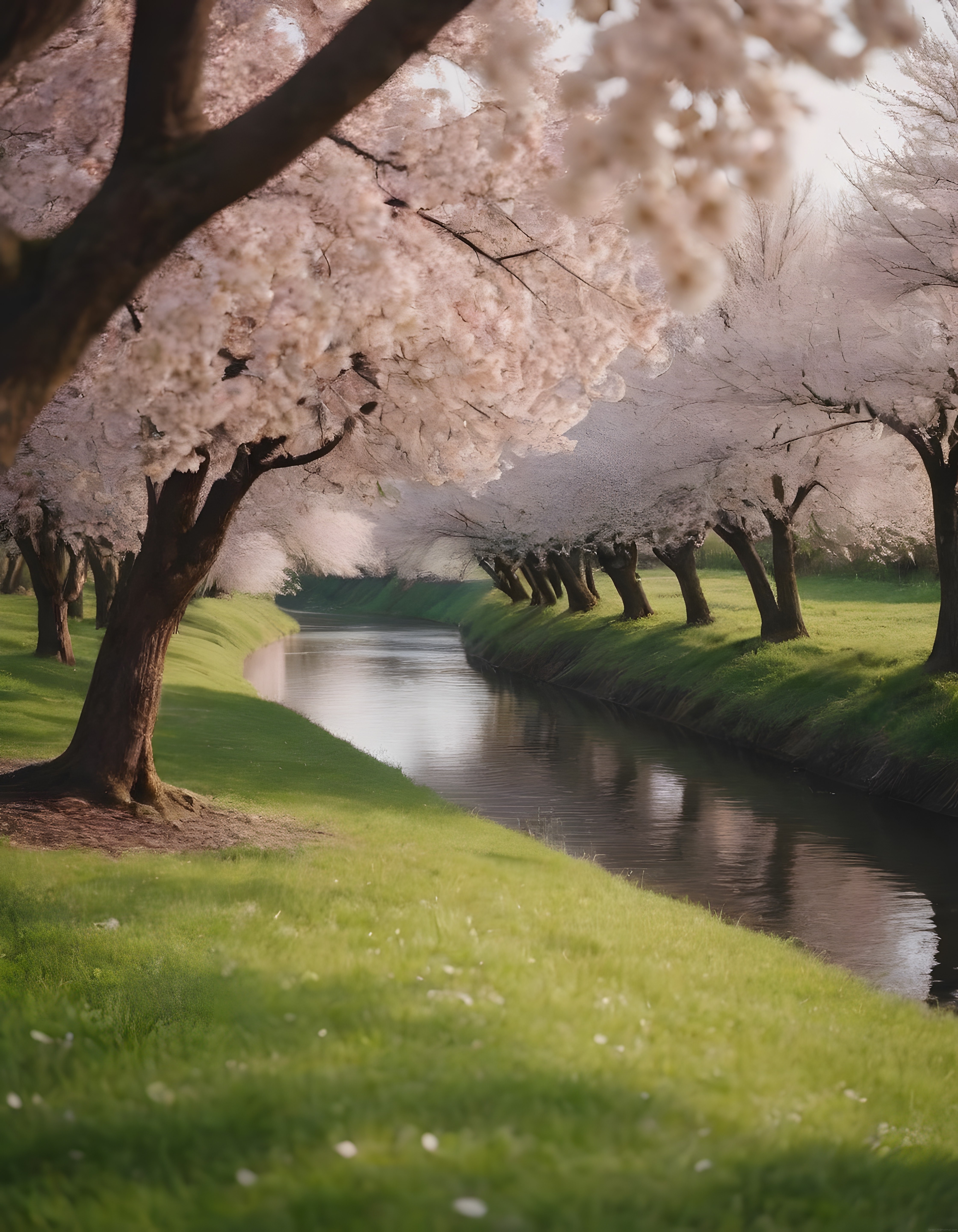 Sakura Ağaçlarıyla Çevrili Sakin Bir Nehir ve Yemyeşil Bahar Manzarası
