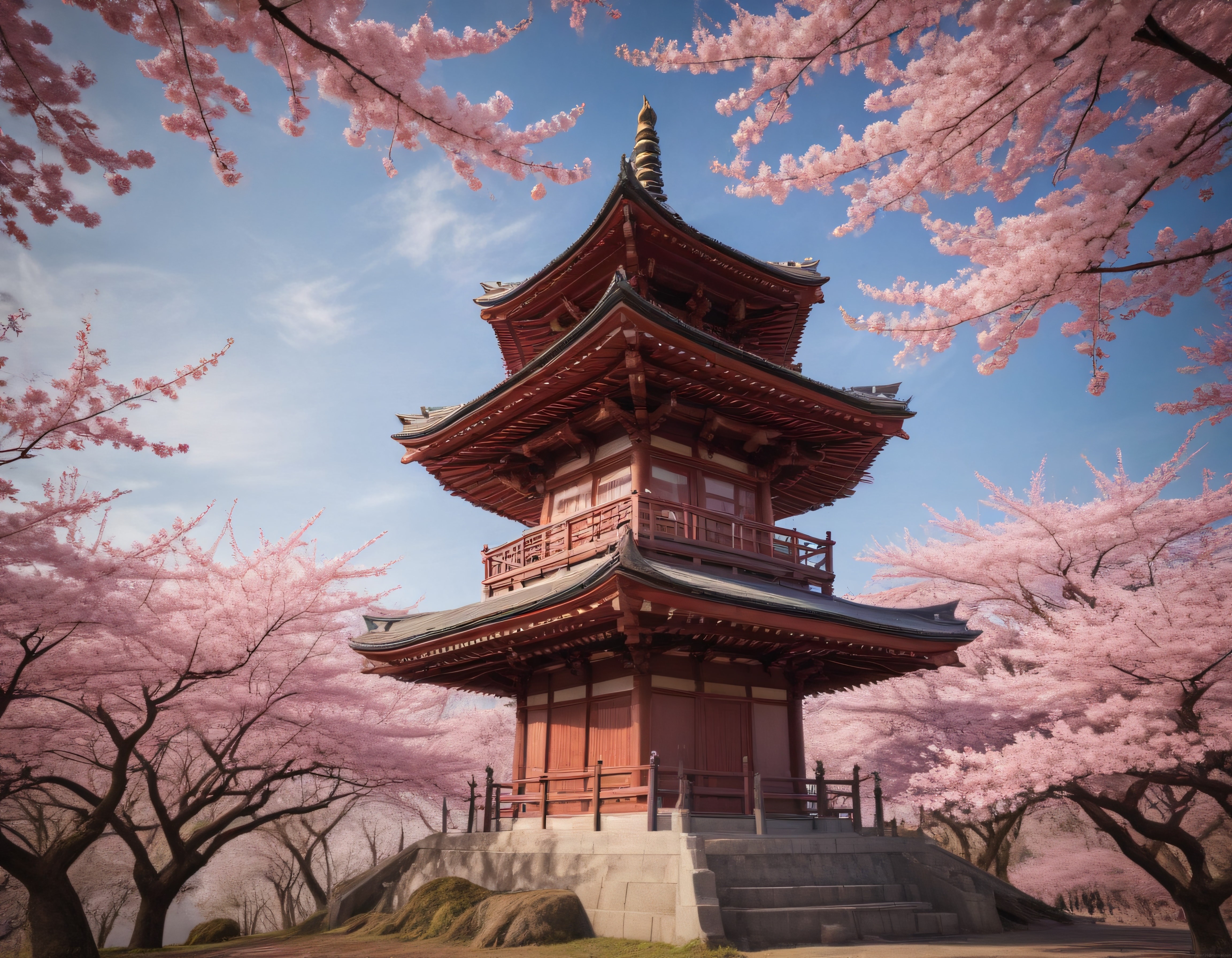 Sakura Bahçeleriyle Çevrili Geleneksel Japon Pagodasının Büyüleyici Manzarası