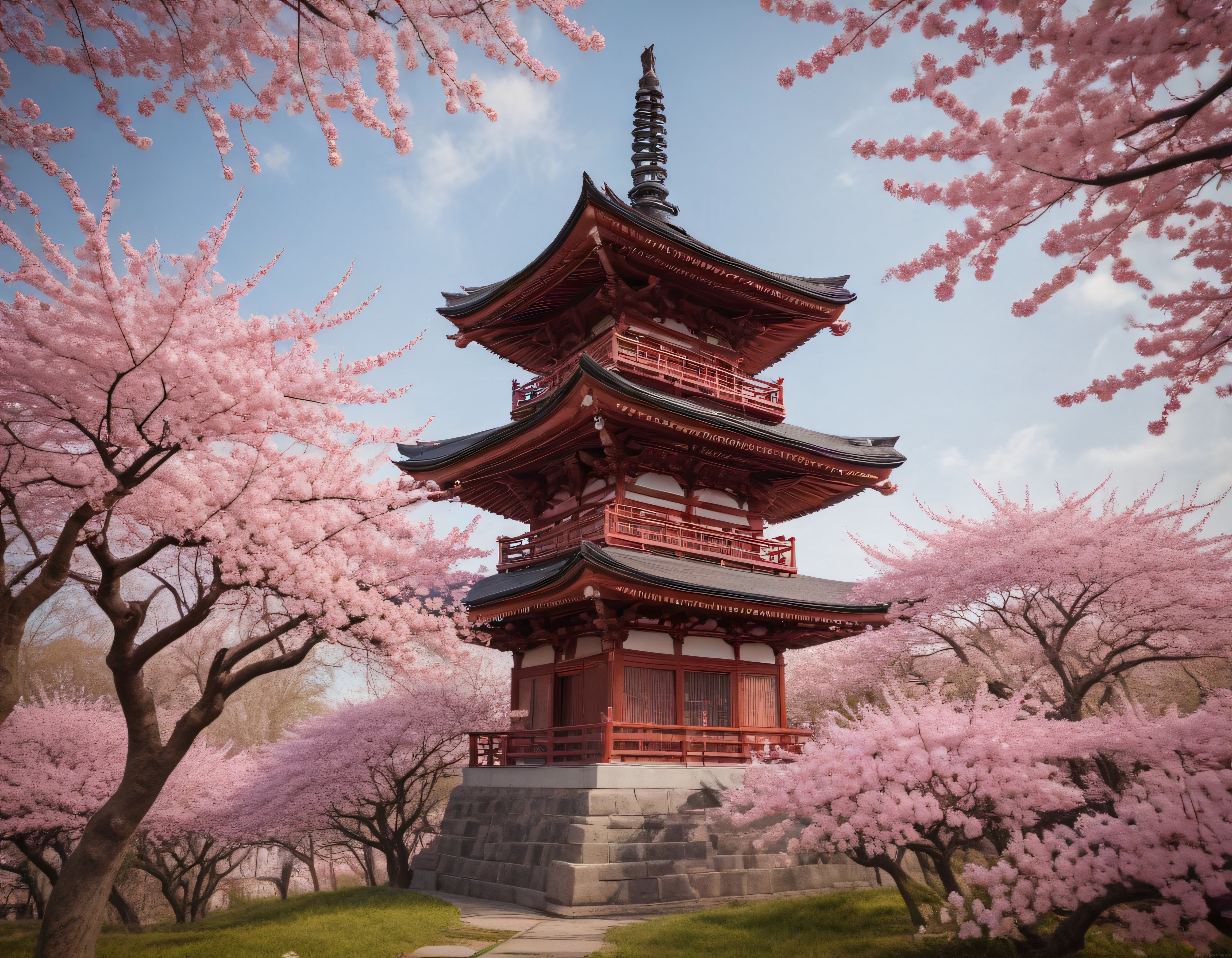 Sakura Çiçekleriyle Çevrili Geleneksel Japon Pagodası ve Bahar Manzarası