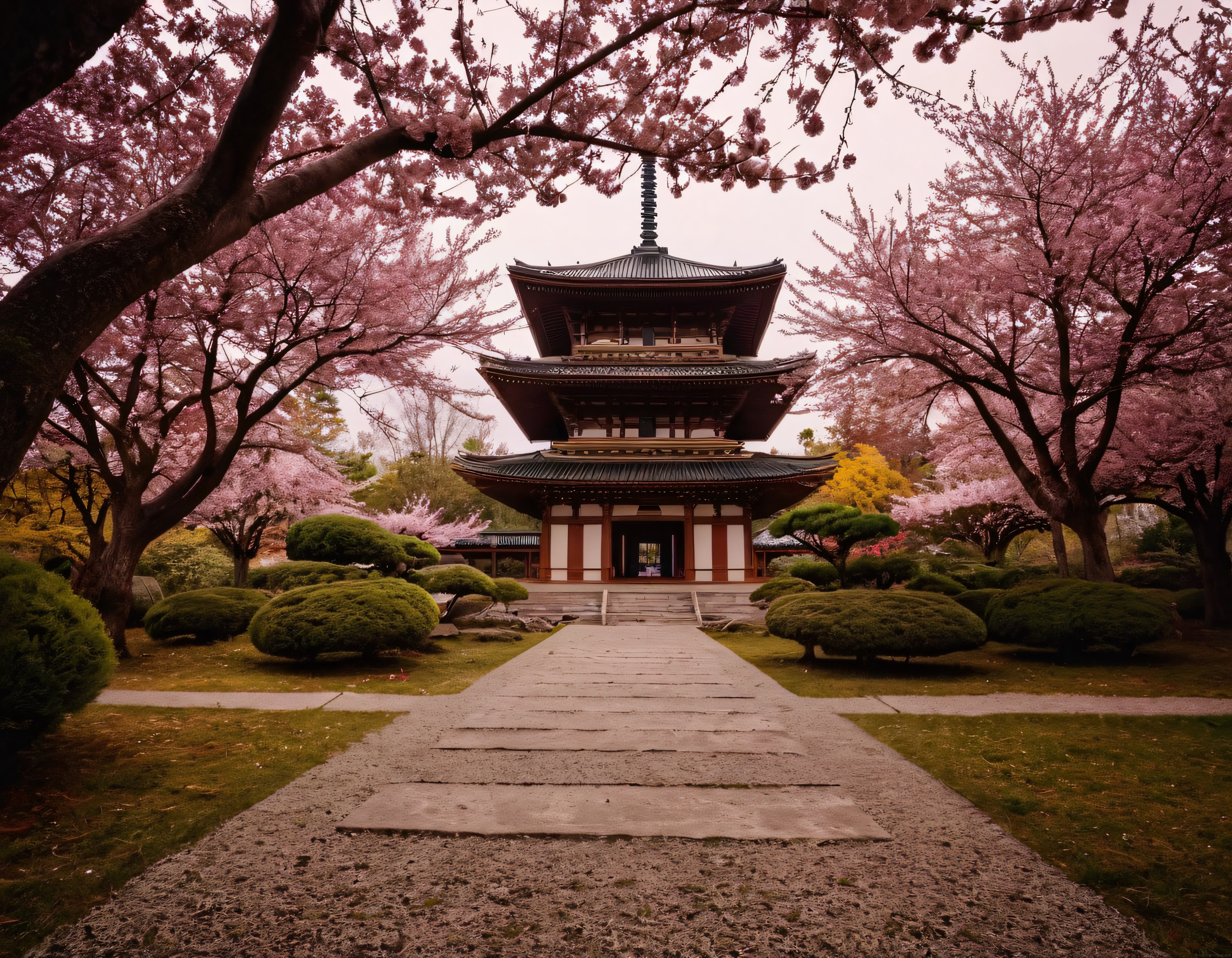 Sakura Çiçekleriyle Süslenmiş Geleneksel Japon Tapınağı ve Bahçe Manzarası