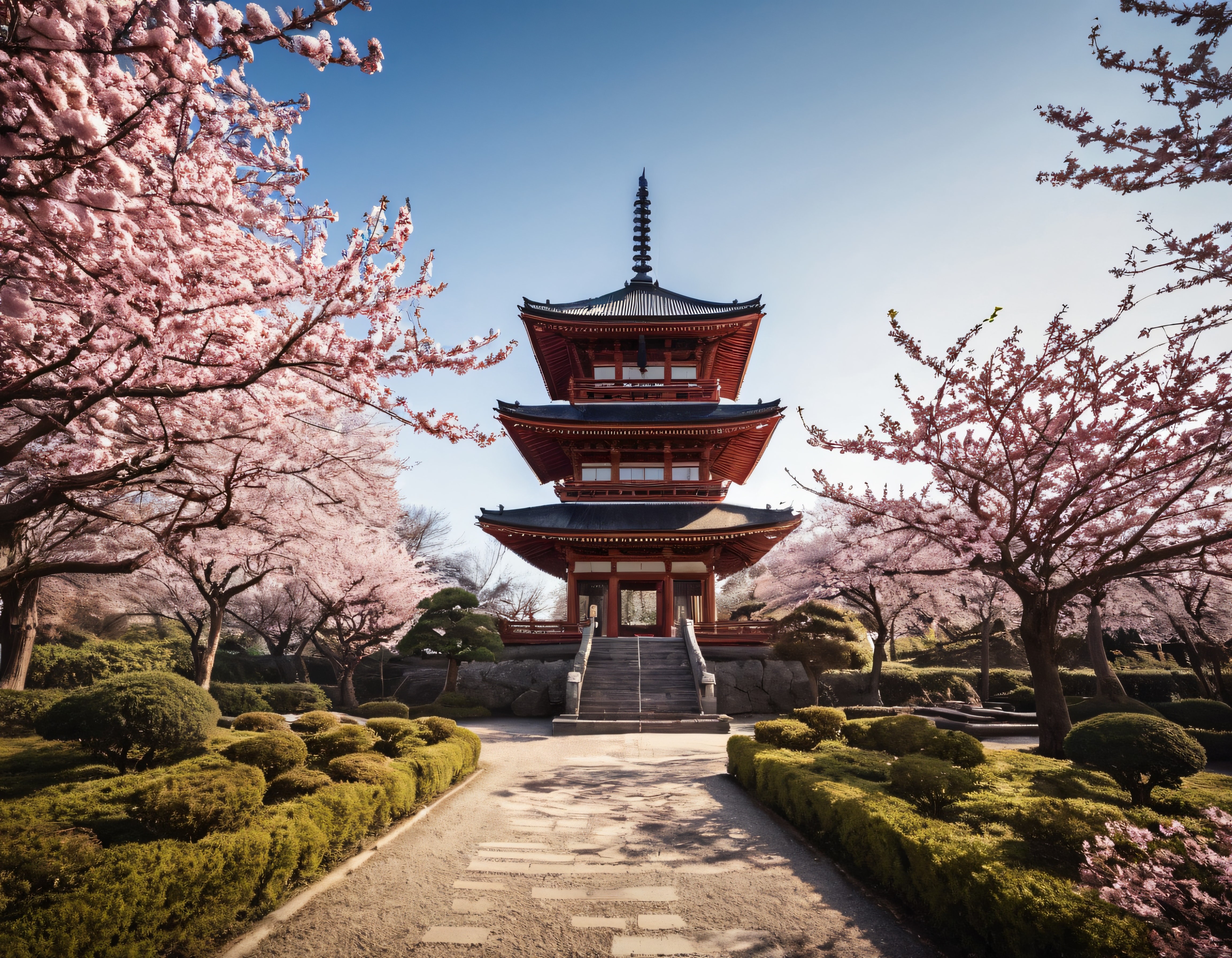 Sakura Mevsiminde Çiçek Açmış Kiraz Ağaçlarıyla Geleneksel Japon Pagodası
