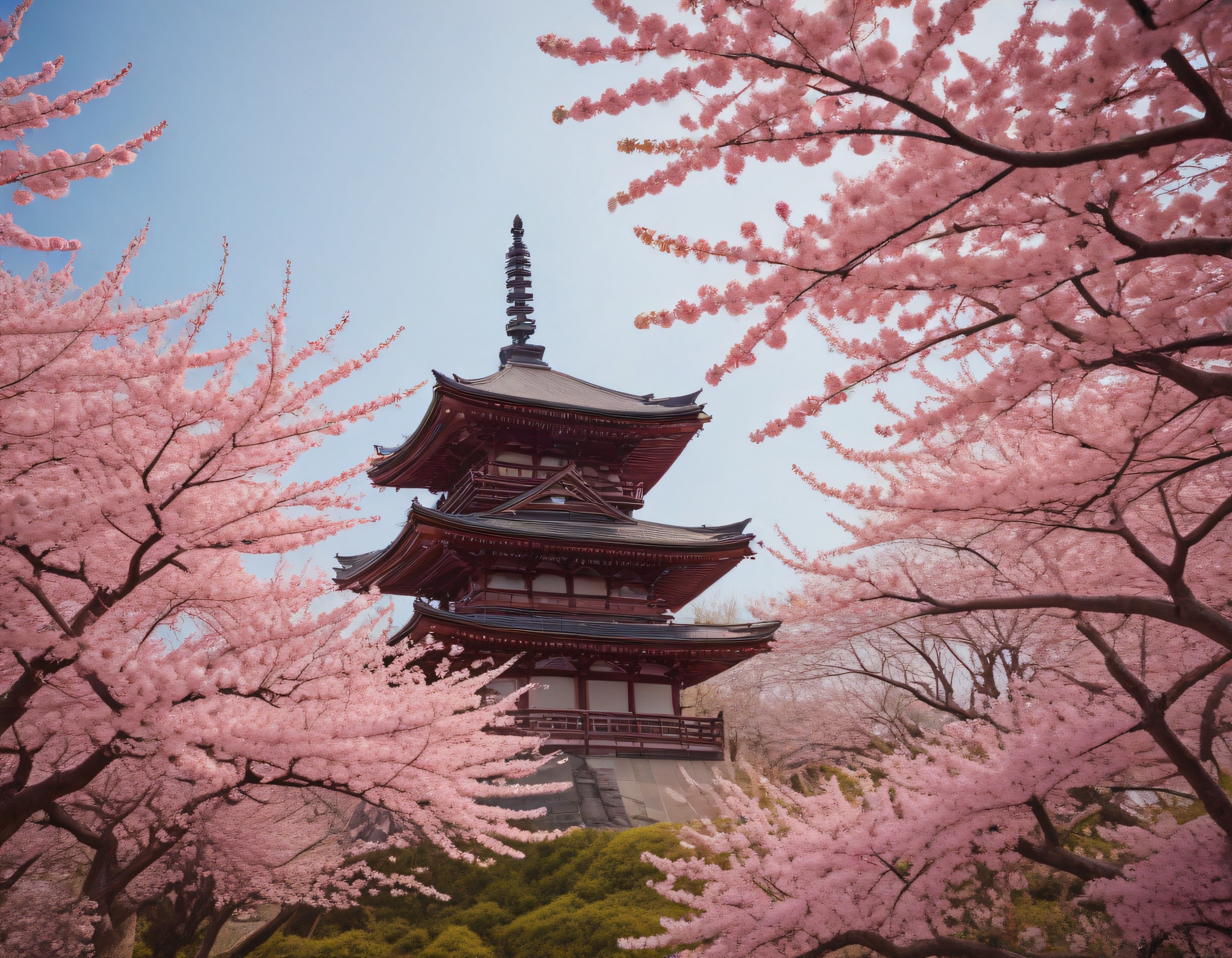 Sakura Mevsiminde Geleneksel Japon Pagodası ve Pembe Kiraz Çiçekleriyle Çevrili Bahar