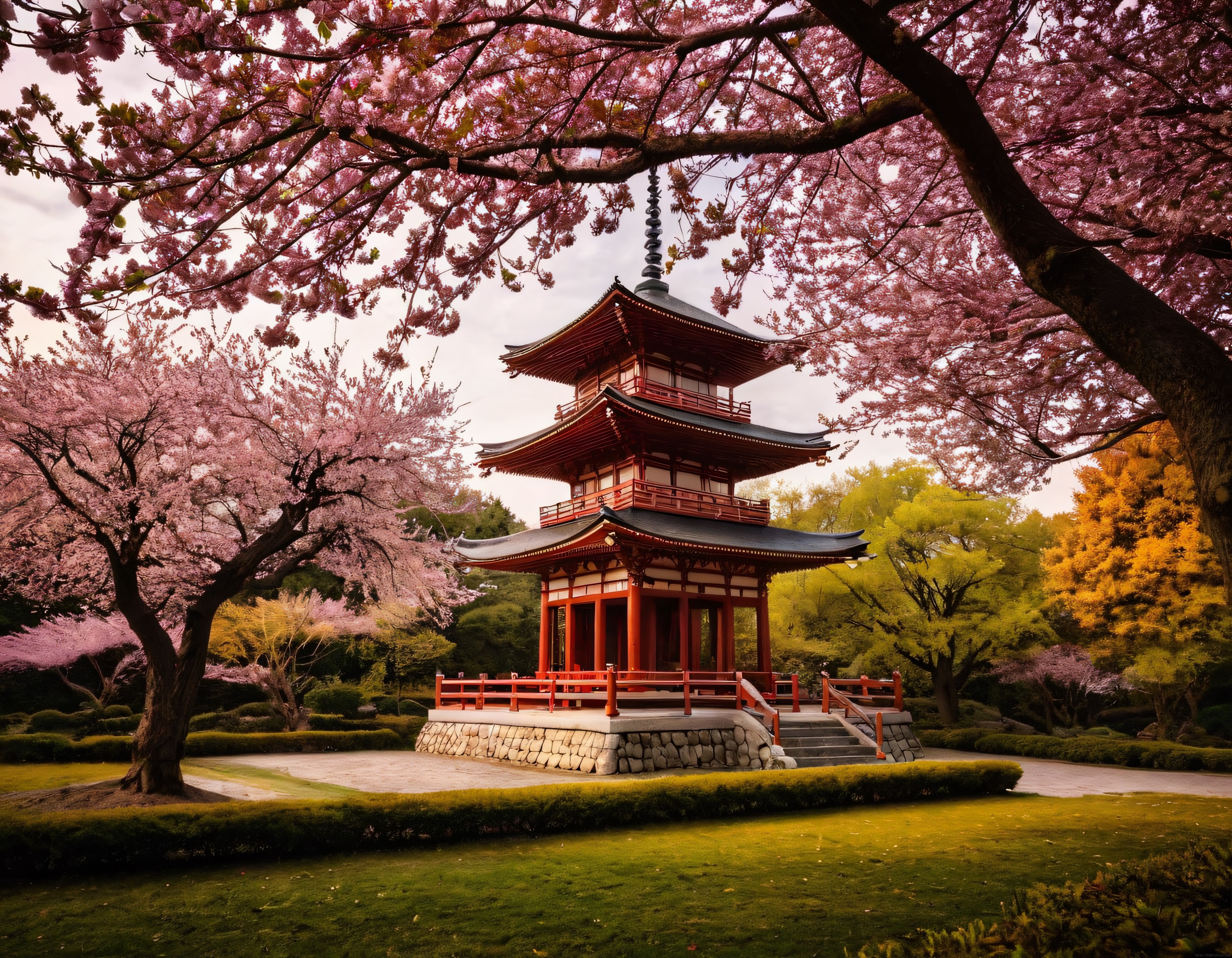 Sakura Mevsiminde Geleneksel Japon Tapınağı ve Pembe Kiraz Çiçekleri
