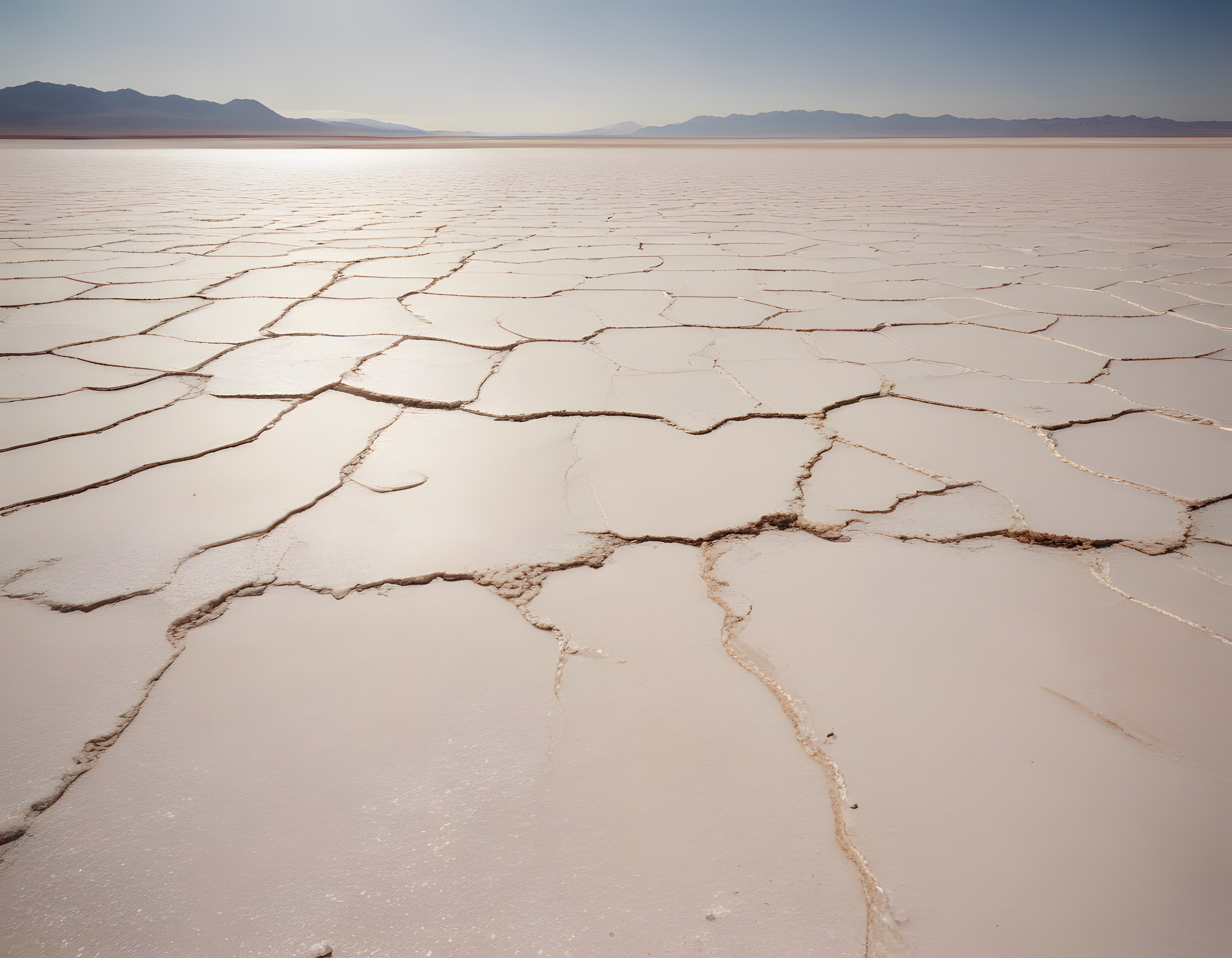 salar de uyuni tuz düzlüğünde geometrik çatlaklar ve sakin dağ siluetleri