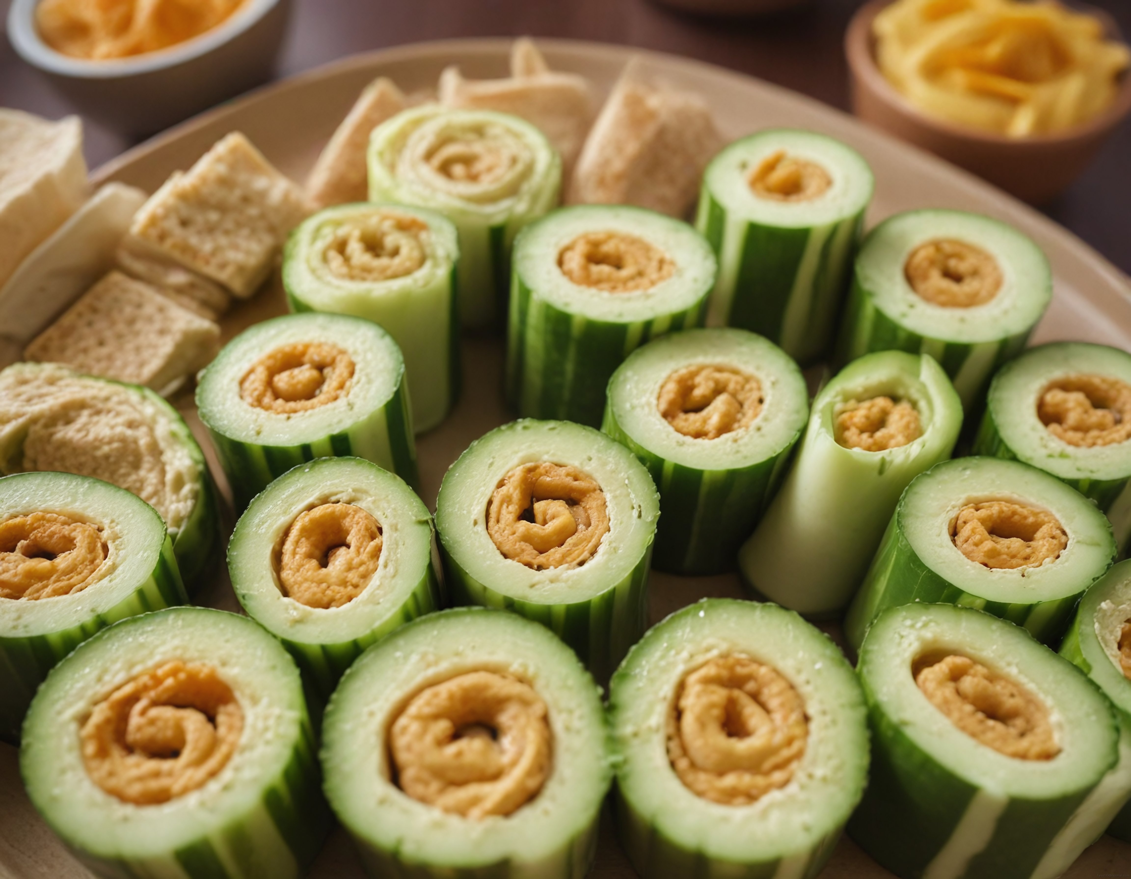 Salatalık Çanağında Humus ve Krakerli Sağlıklı Atıştırmalık Tabağı