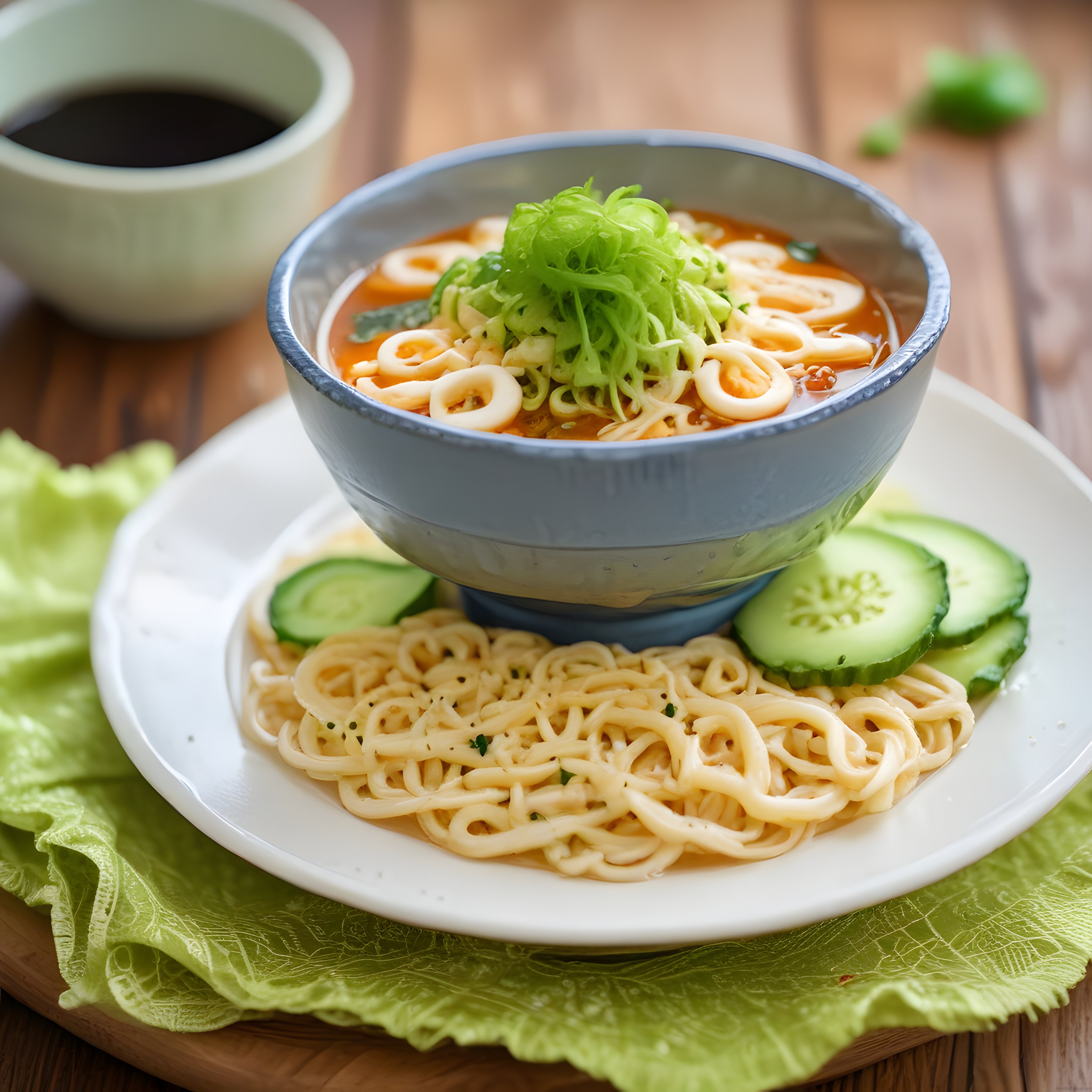 Salatalık Dilimleri Eşliğinde Sunulan Baharatlı Noodle Çorba Kasesi