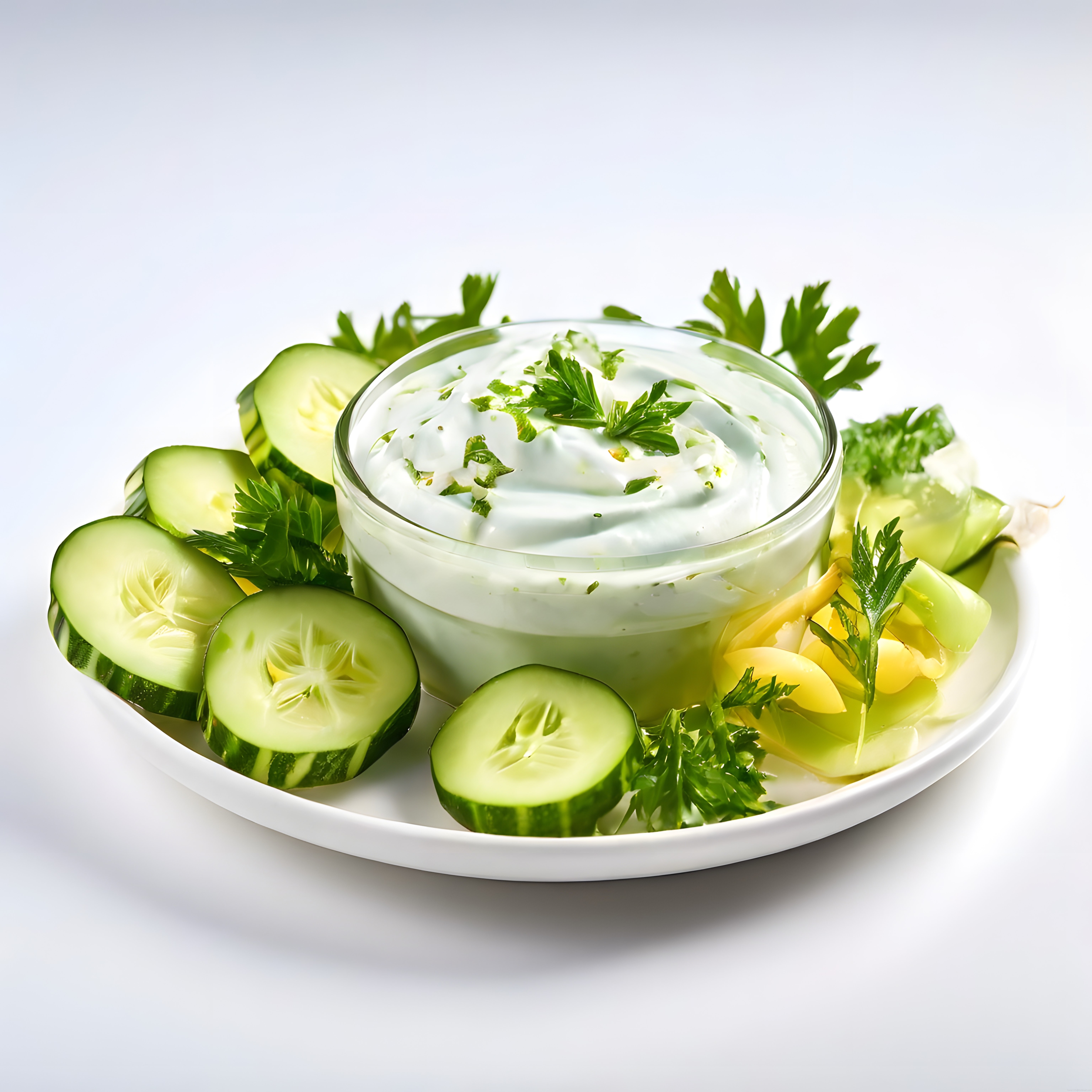 Salatalık Dilimleriyle Sunulan Ev Yapımı Tzatziki Sos ve Taze Sebzeler