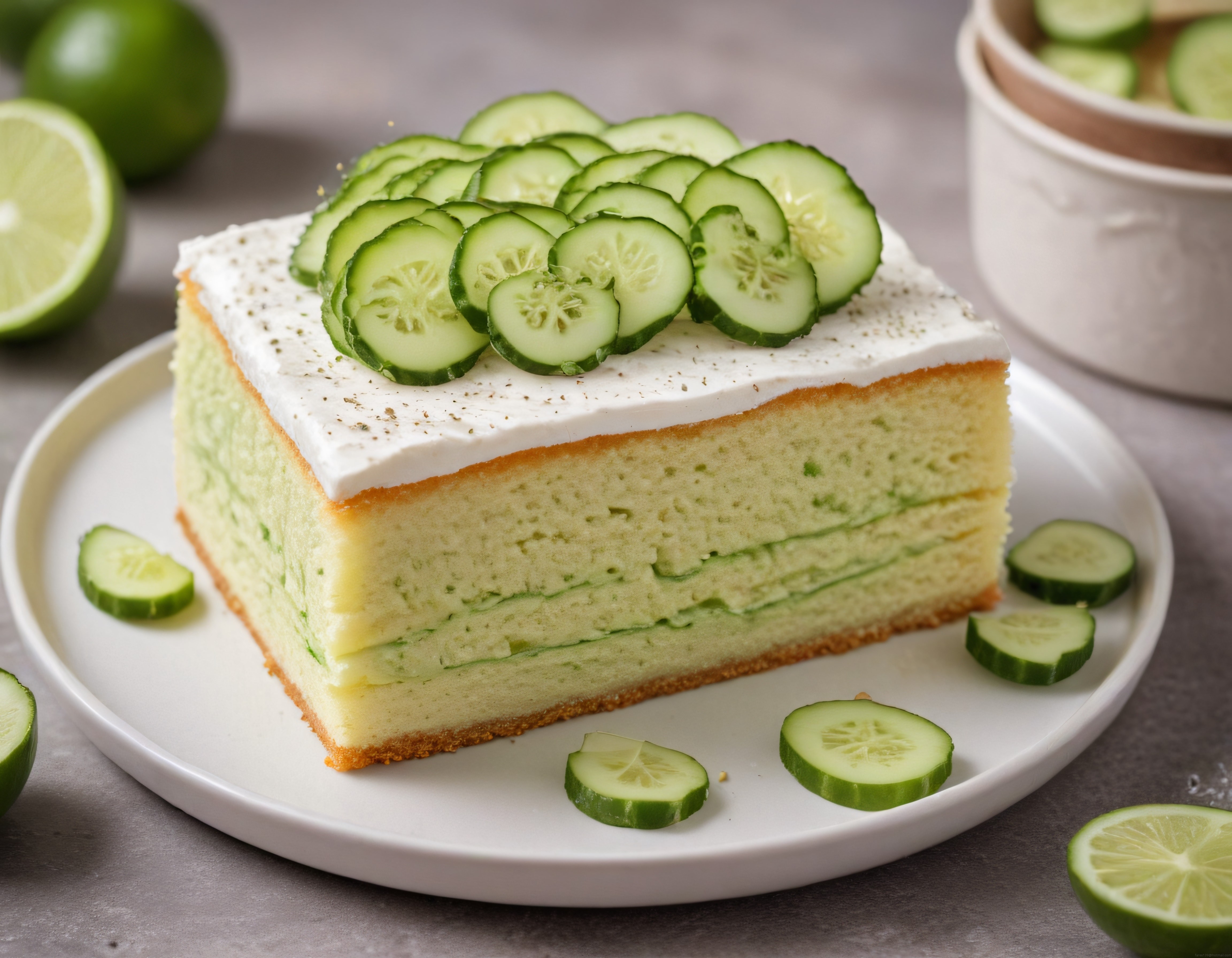 Salatalık dilimleriyle süslenmiş beyaz kremalı limonlu pasta dilimi