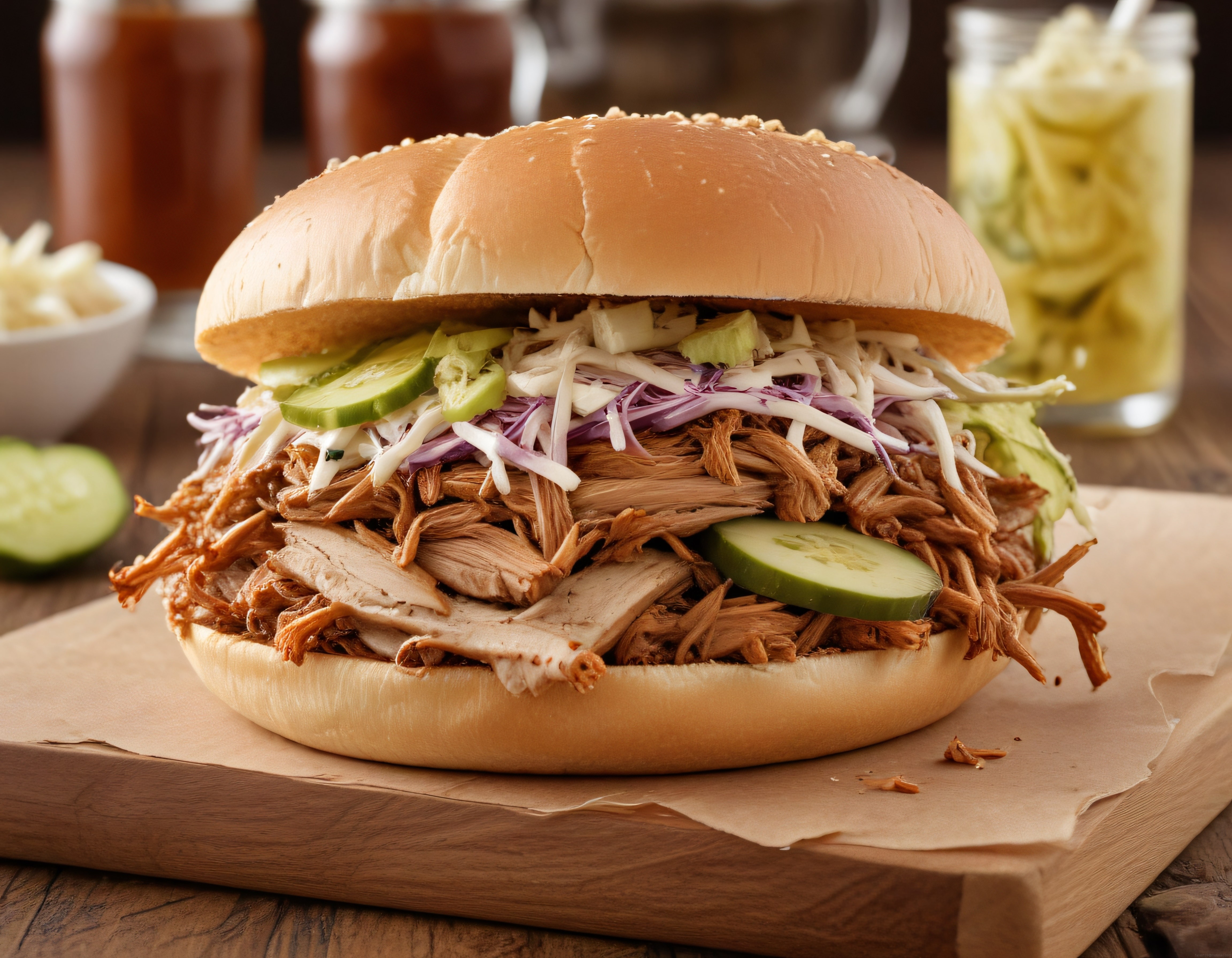 Salatalık ve Coleslaw ile Servis Edilen Barbekü Pulled Pork Sandviç Tarifi