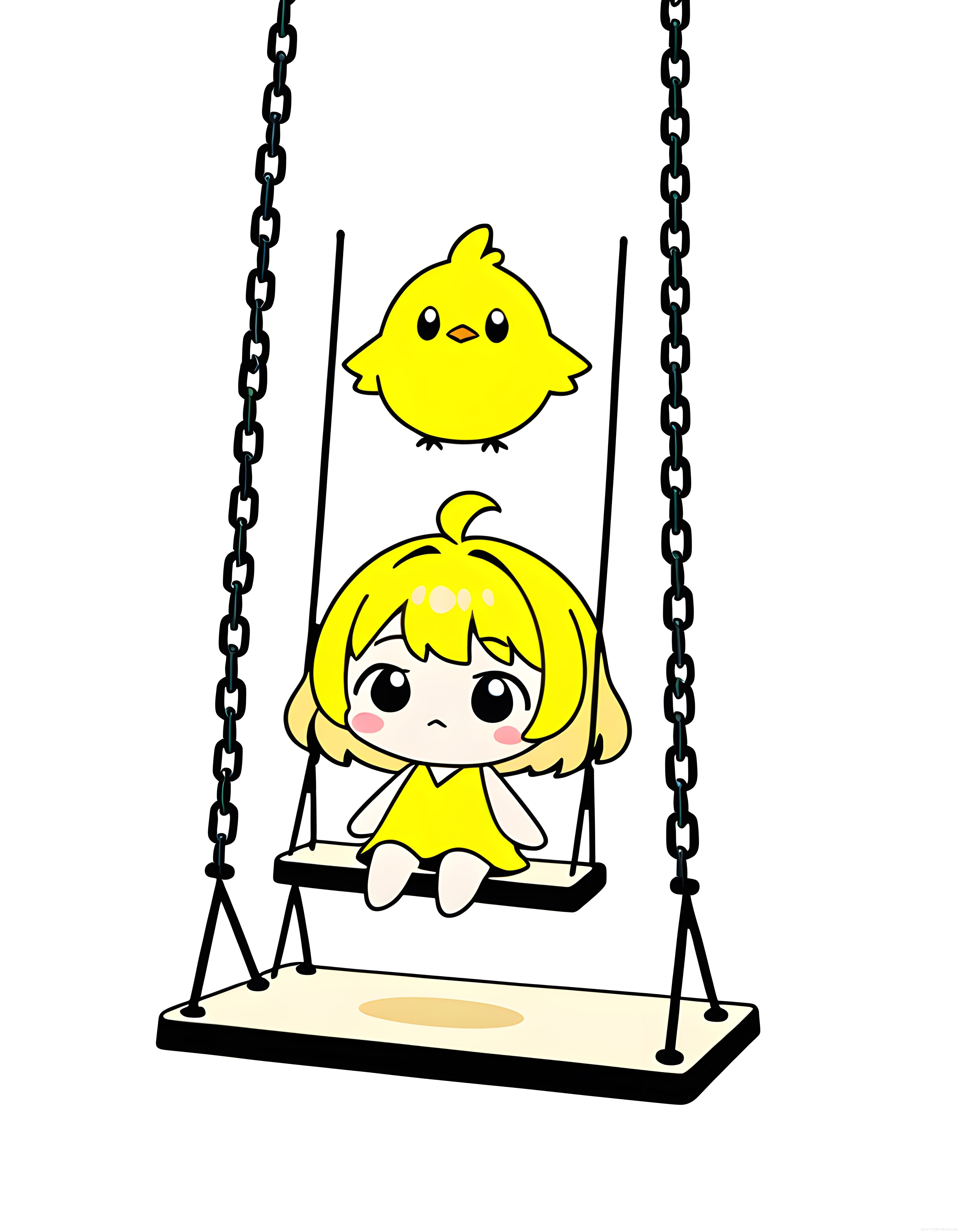 Salıncakta Oturan Sarı Saçlı Üzgün Chibi Kız ve Uçan Sevimli Civciv