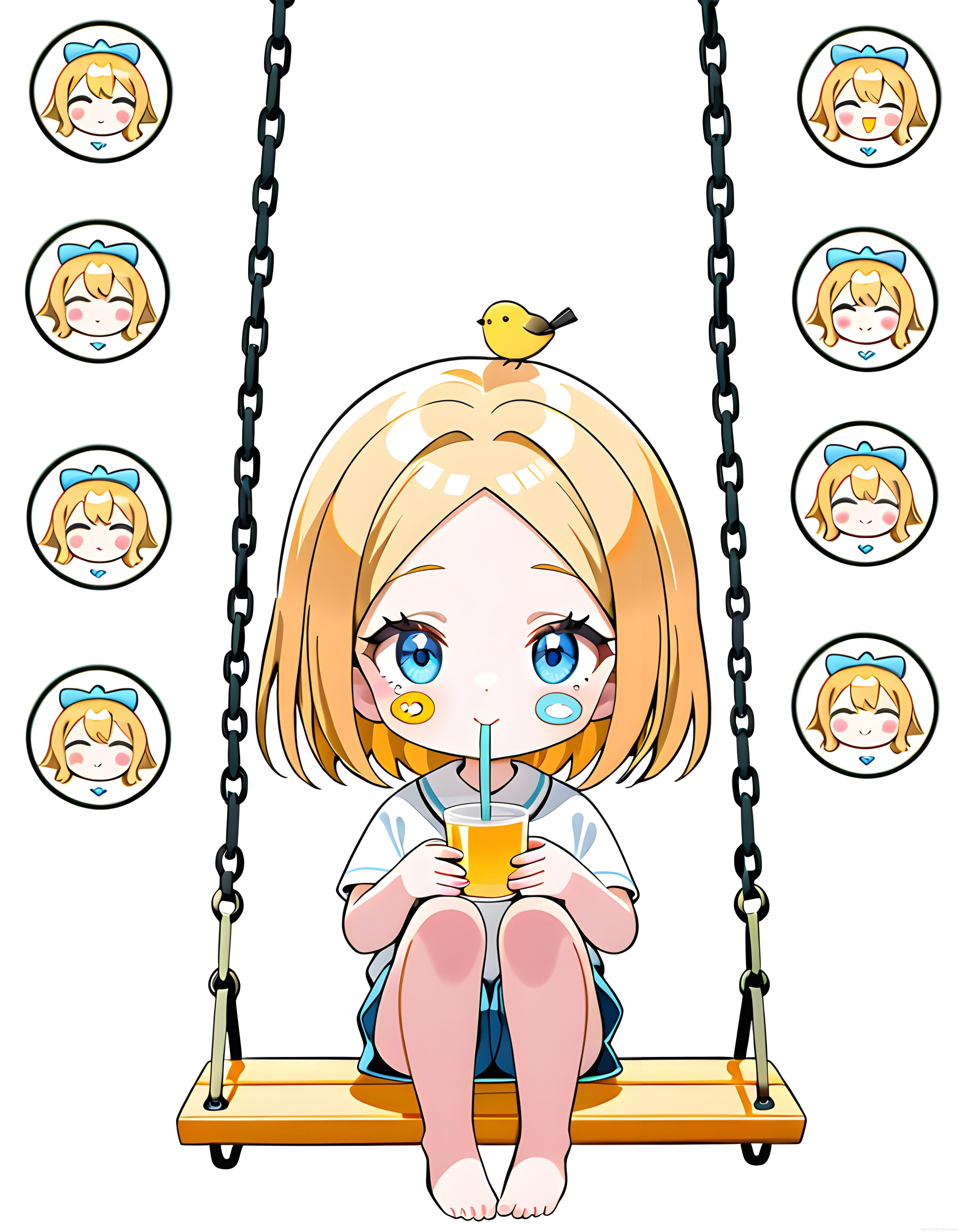 salıncakta oturan sevimli chibi anime kızı yüz ifadeleri ve kuş illüstrasyonu