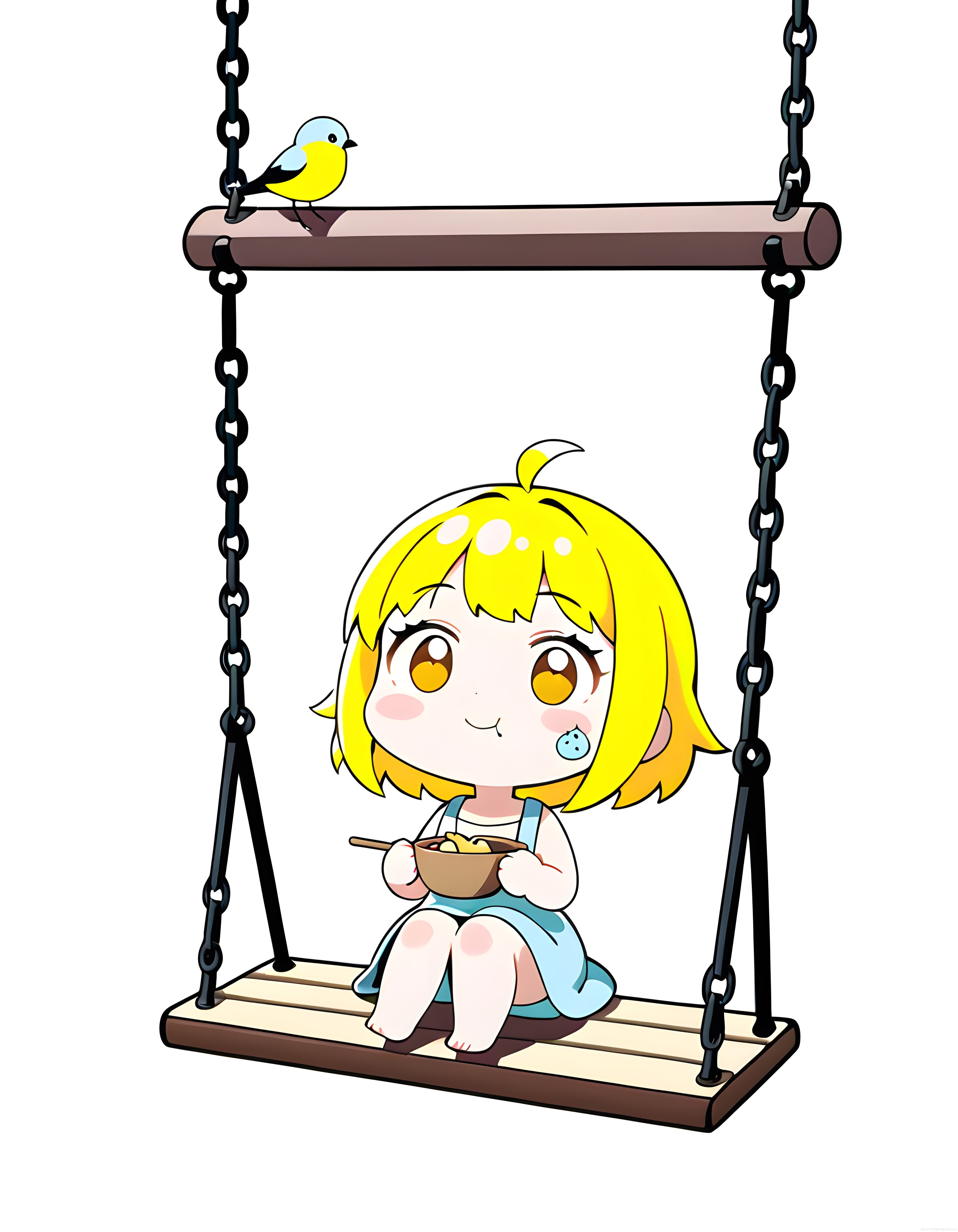 Salıncakta Oturan Sevimli Sarı Saçlı Chibi Anime Kız ve Küçük Kuş Arkadaşı