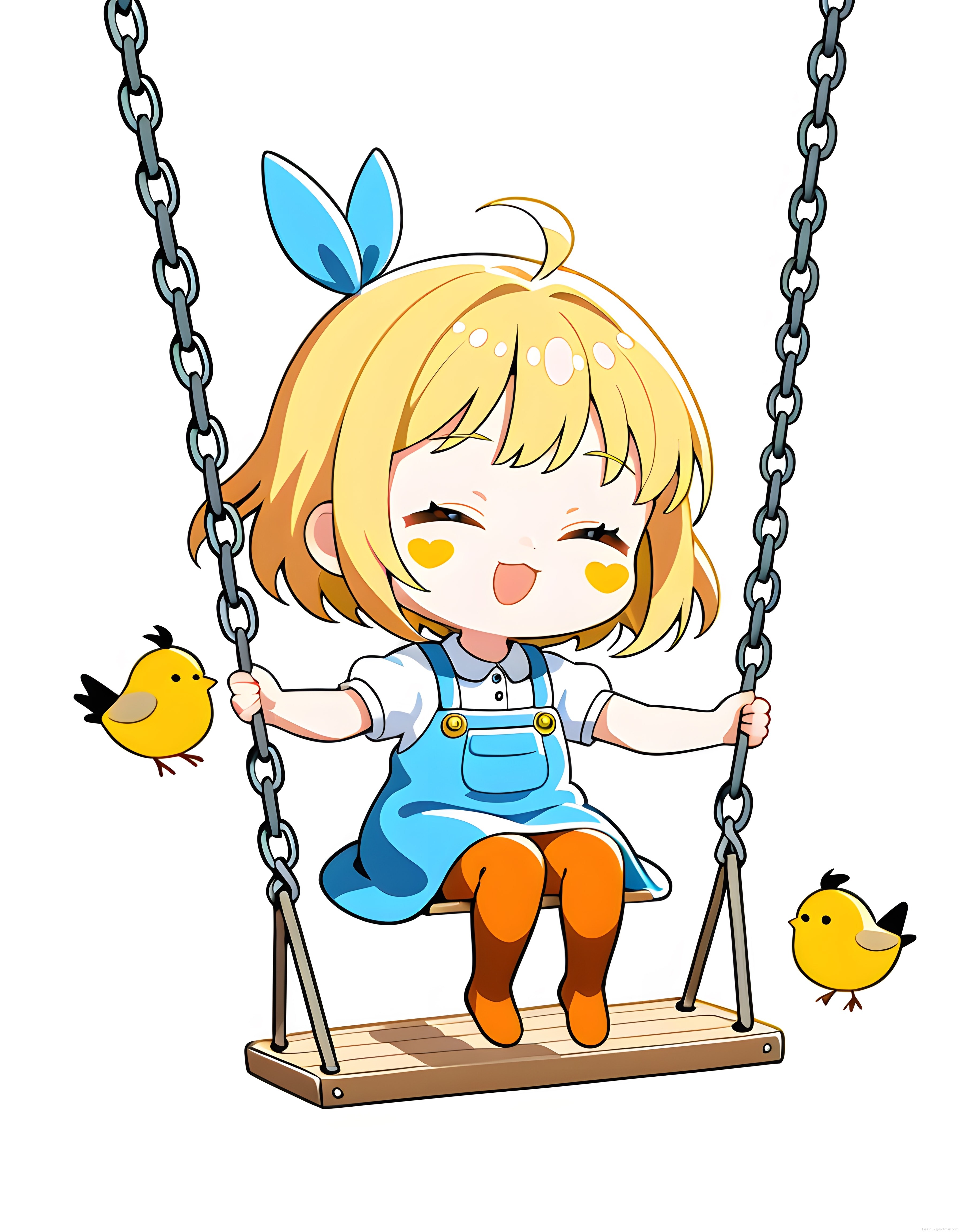 Salıncakta sallanan sevimli chibi kız karakteri ve etrafındaki minik sarı kuşlar