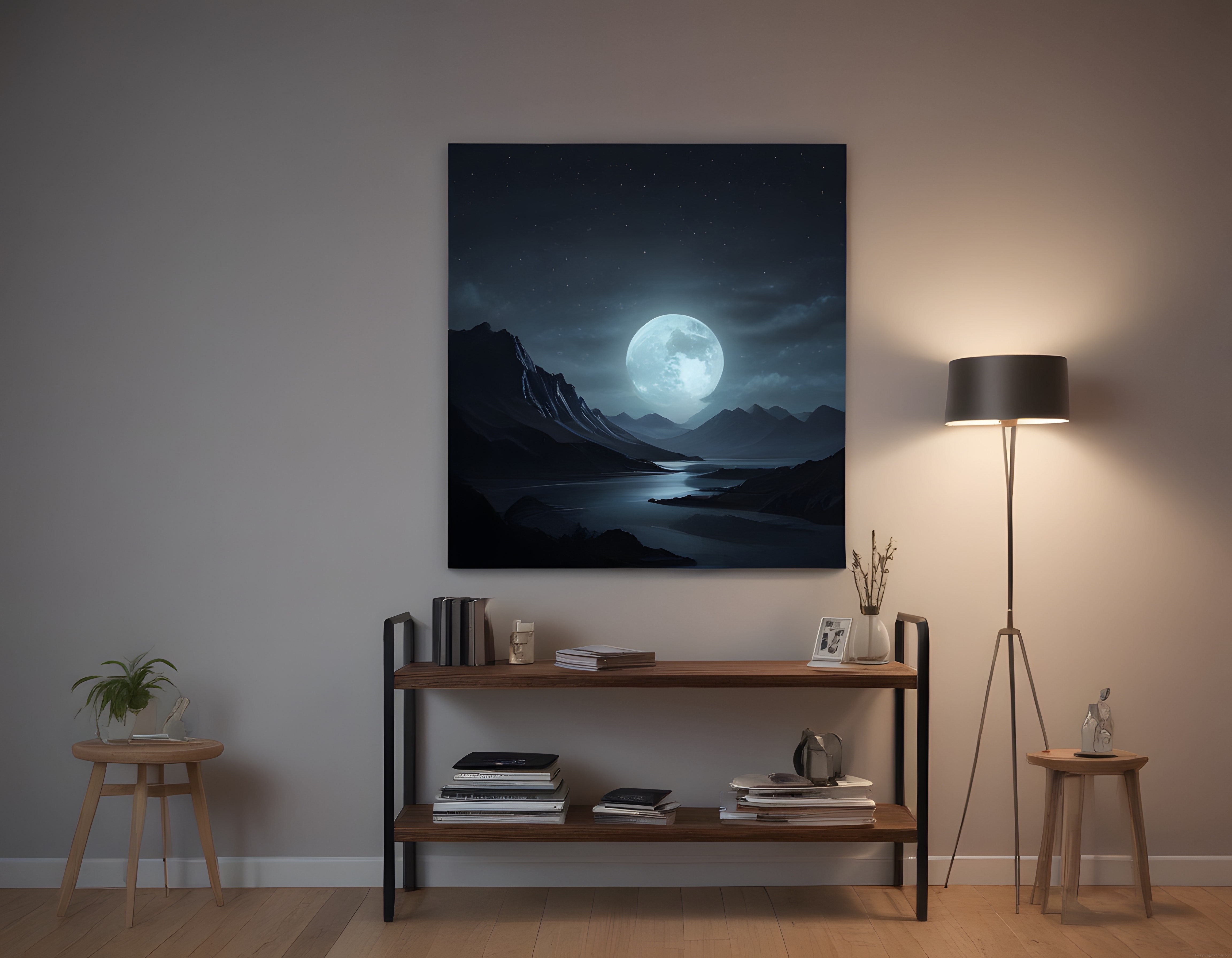 Salon Duvarında Göl ve Dolunay Manzaralı Minimalist Gece Tablosu