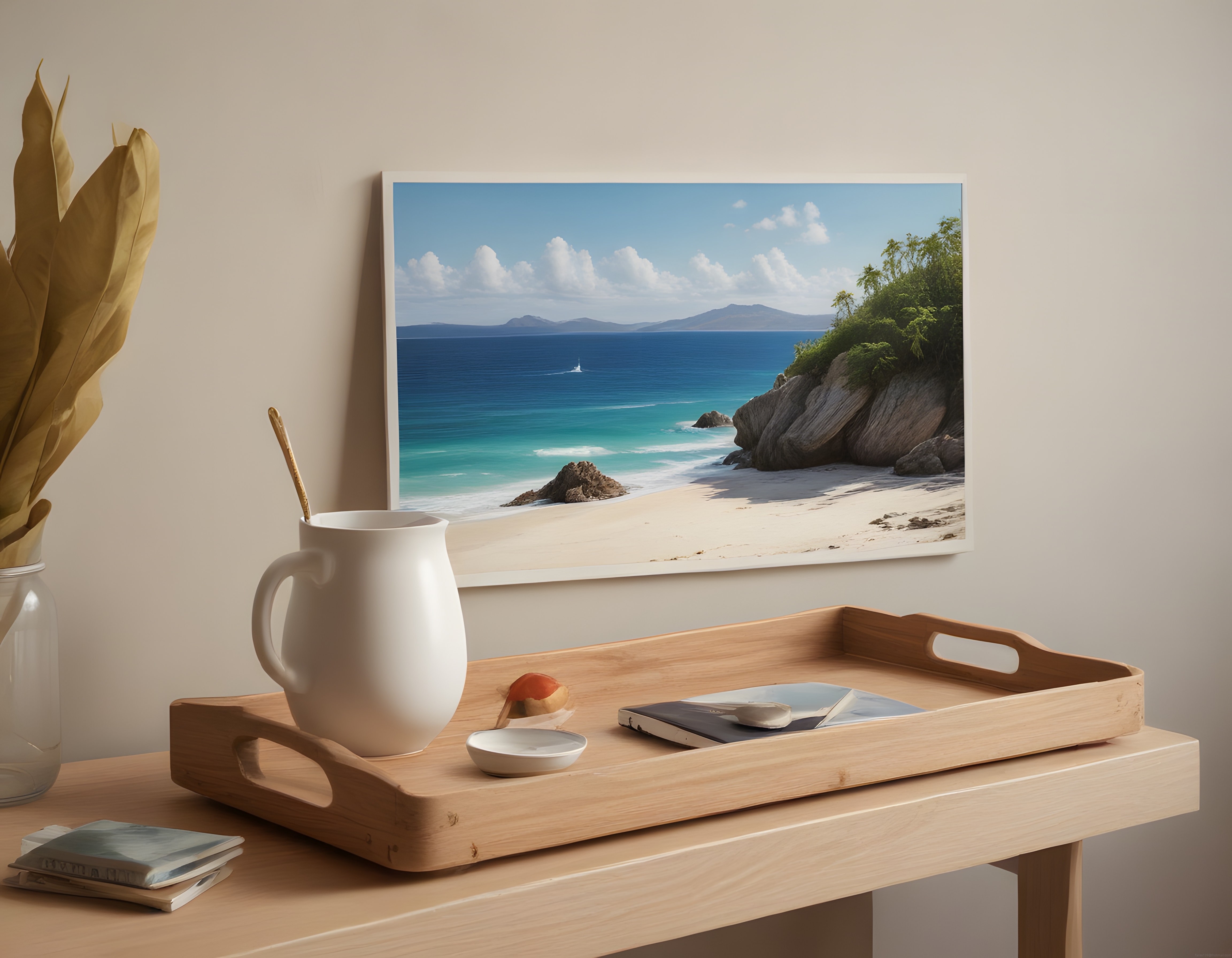 Salon Duvarında Tropikal Plaj Manzaralı Çerçeve ve Minimalist Ahşap Dekor