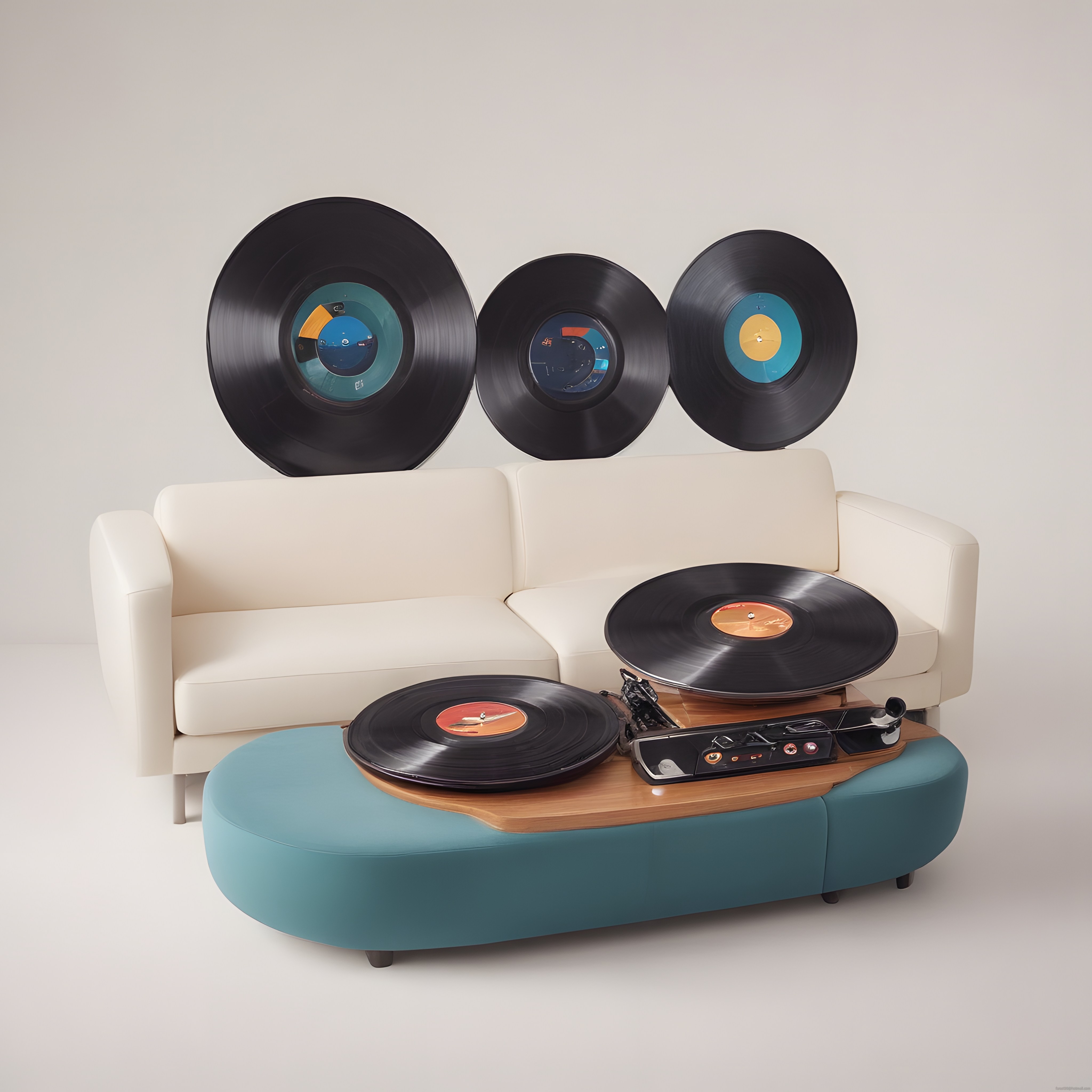 Salon köşesinde vintage vinil plakalar ve çift tekerlekli ahşap pikap ile nostaljik müzik seti