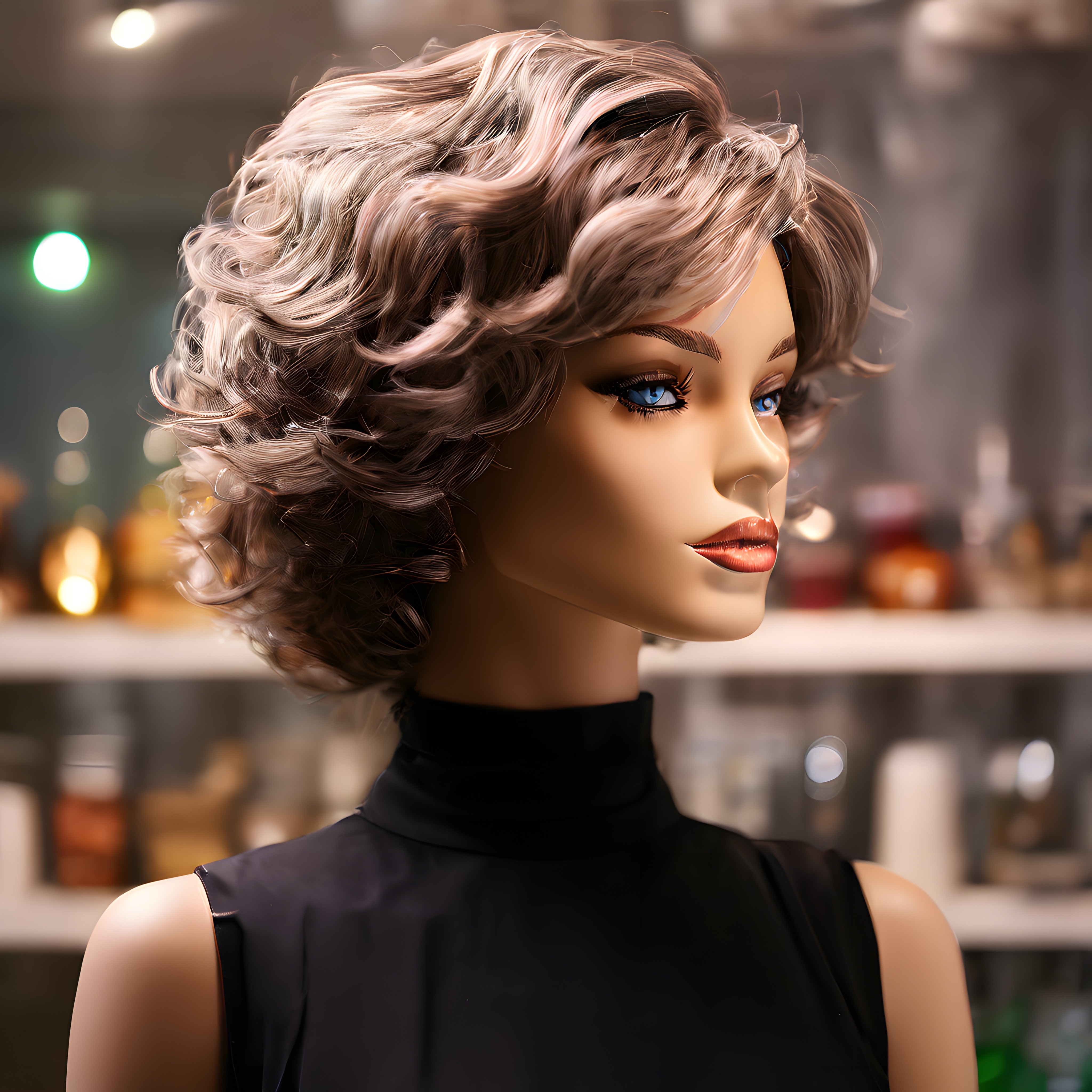 Salon Ortamında Gri Kıvırcık Kısa Saç Modeli Sunan Kadın Manken Profili
