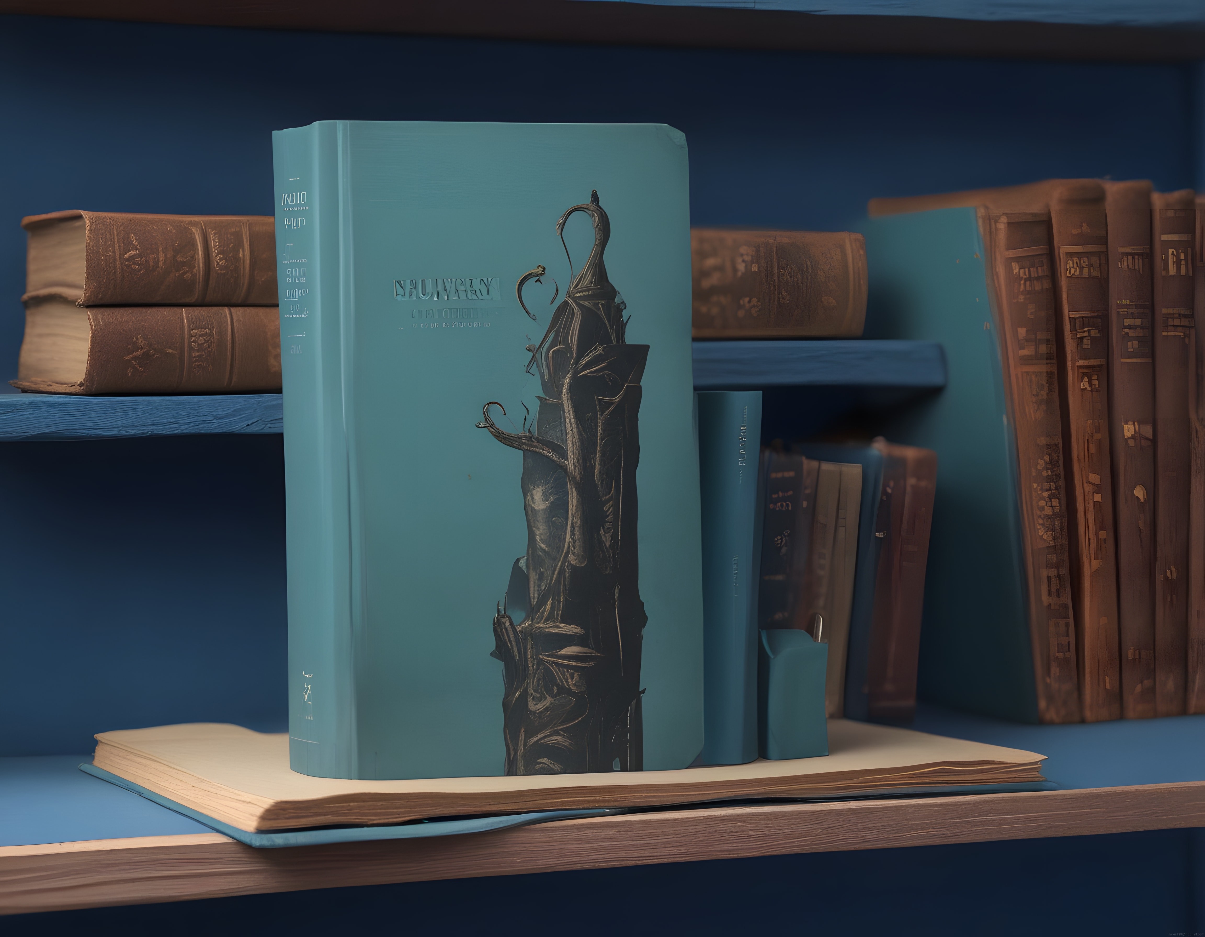 Salvador Dali İmzalı Mavi Ciltli Kitap ve Antika Kitaplık Arka Planı