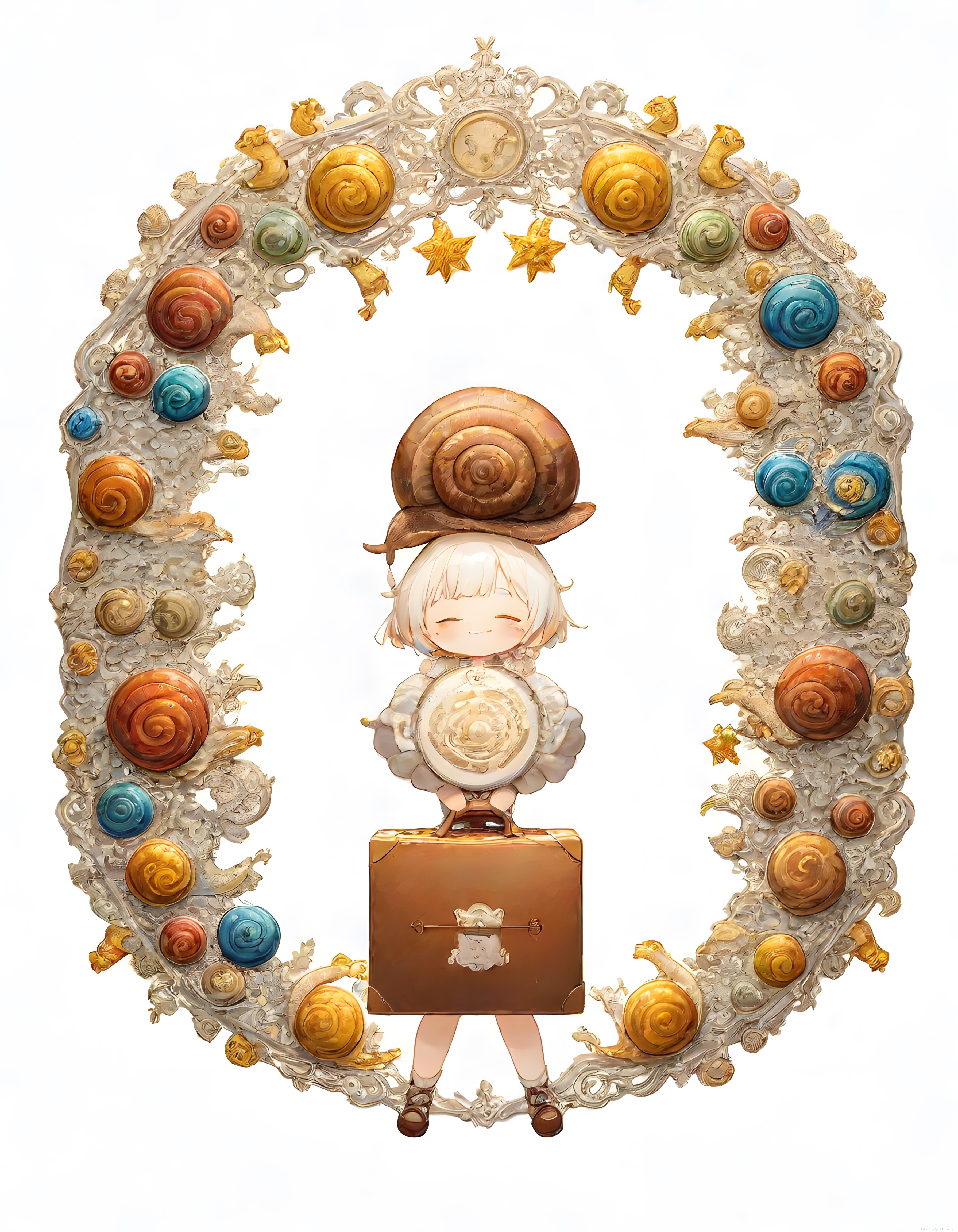 Salyangoz Kabuklu Chibi Karakter ve Süslü Çerçeve Dijital Sanat İllüstrasyonu