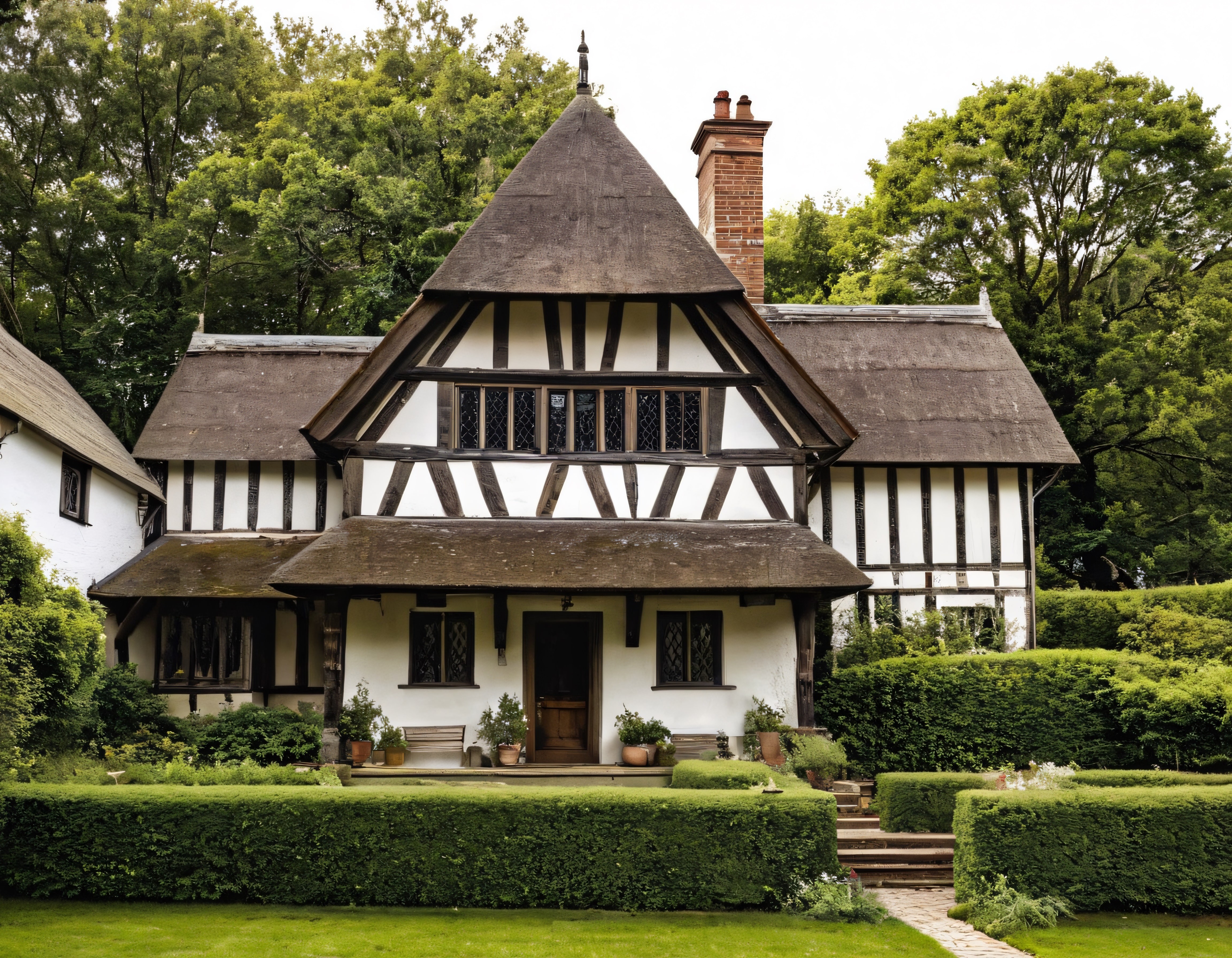 Saman Çatılı Tudor Evi ve Geleneksel İngiliz Kırsal Bahçesi Manzarası