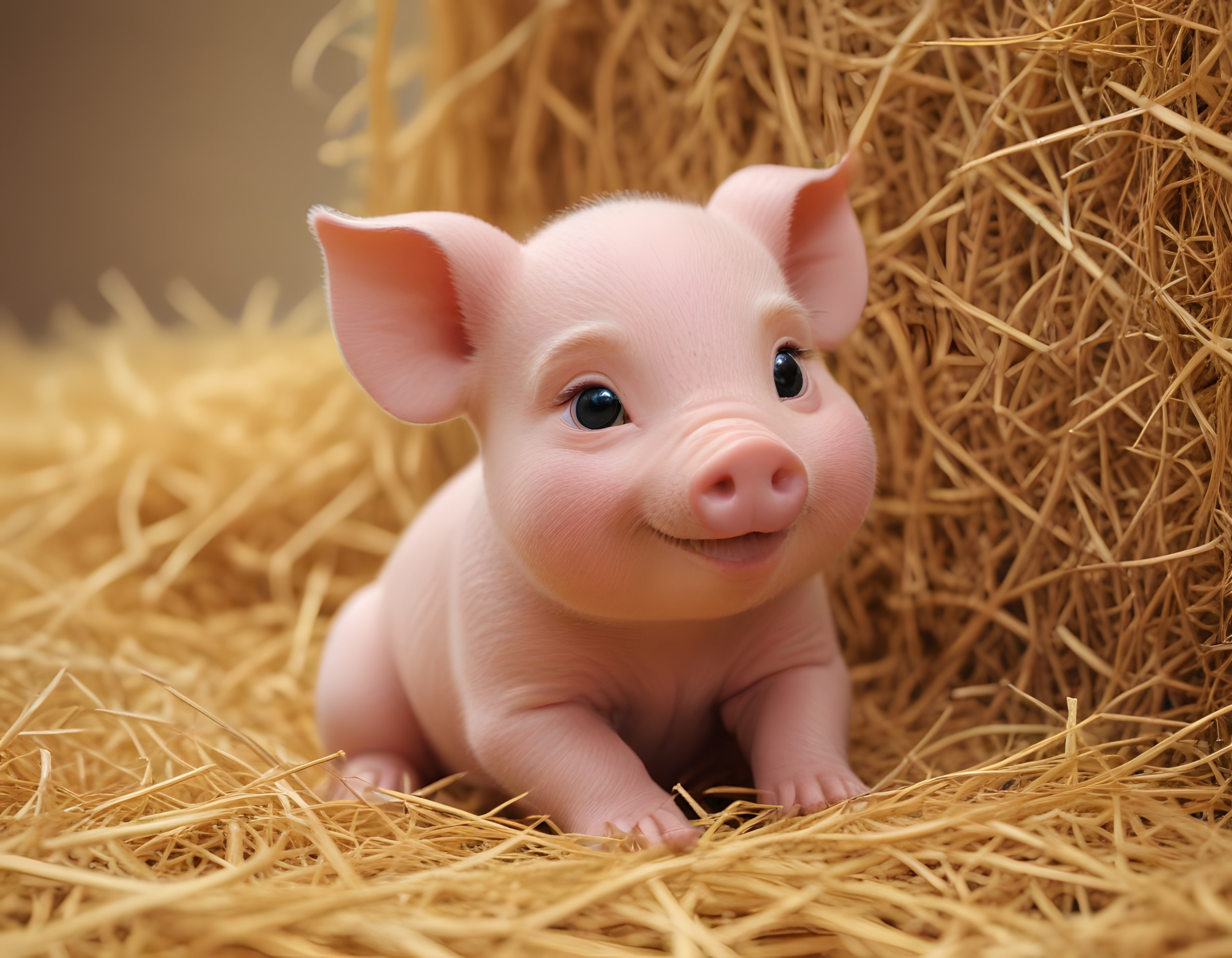 Samanlıkta Oturan Animasyon Tarzı Sevimli Pembe Yavru Domuz ve Masum Gözleri Samanlıkta Oturan Animasyon Tarzı Sevimli Pembe Yavru Domuz ve Masum Gözleri