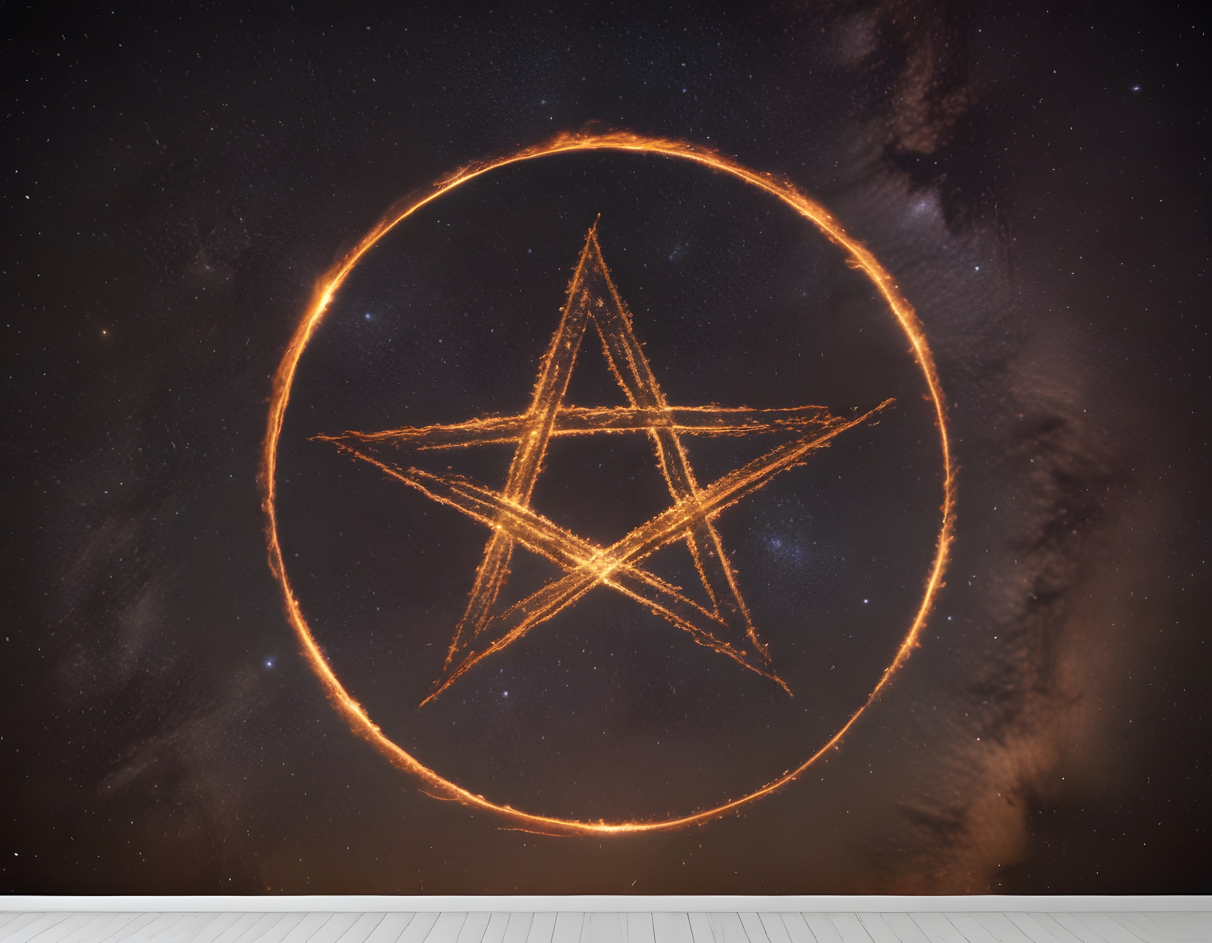 Samanyolu Arka Planında Parlayan Mistik Ateş Pentagram ve Büyü Çemberi