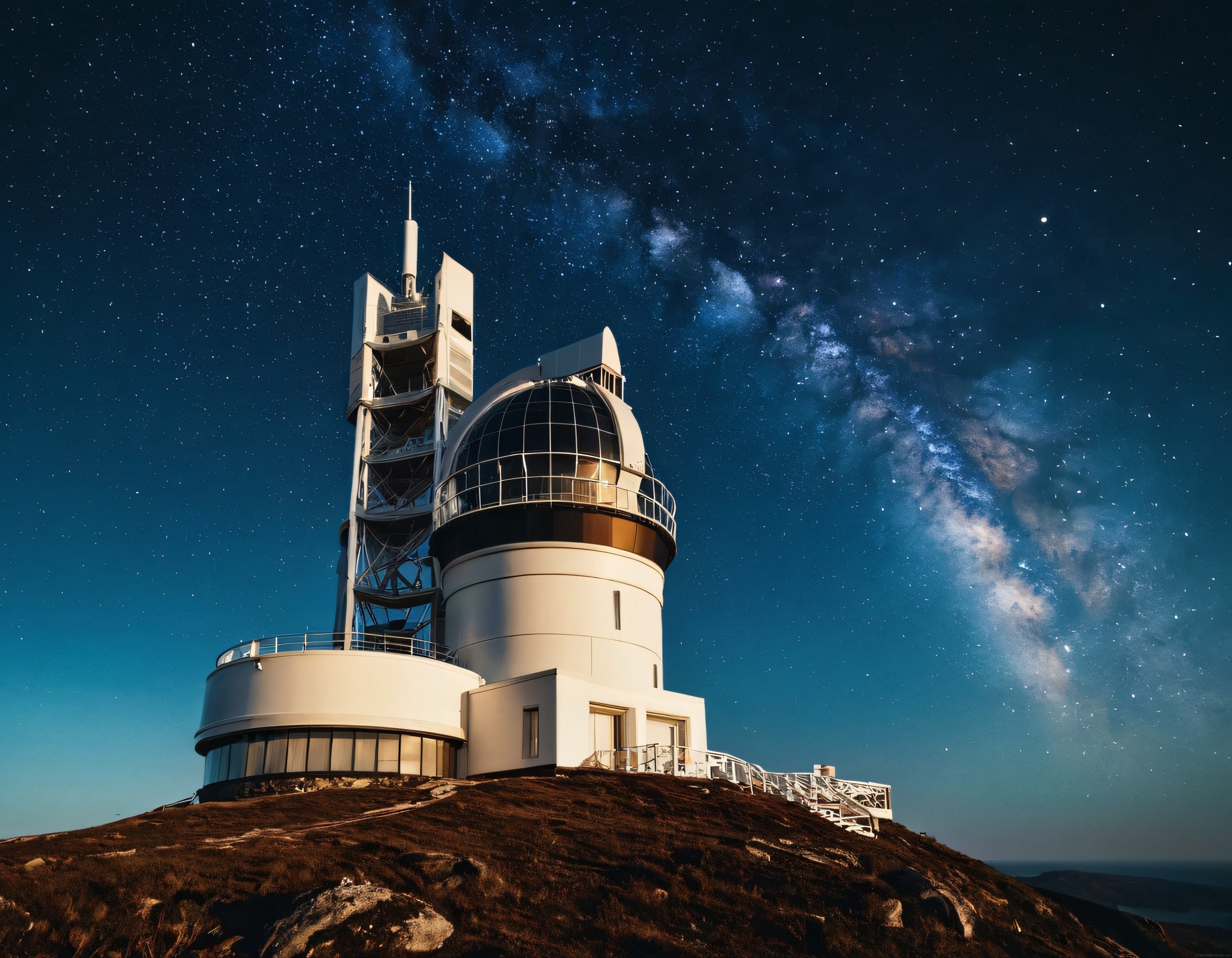 Samanyolu Arkaplanında Yalnız Dağ Zirvesindeki Modern Astronomi Gözlemevi