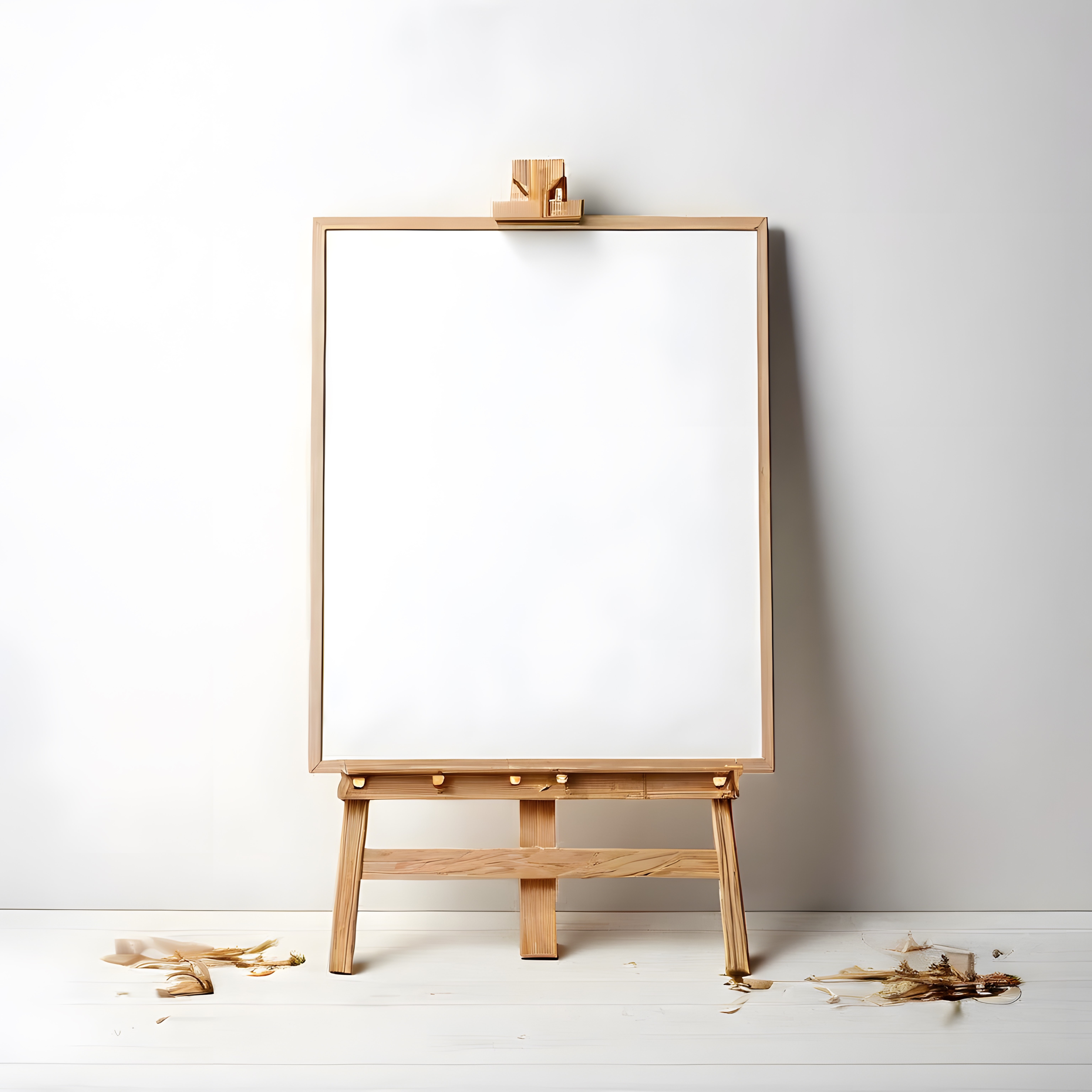 Sanat Atölyesinde Ahşap Şövale Üzerinde Duran Boş Beyaz Tuval ve Aydınlık Ortam