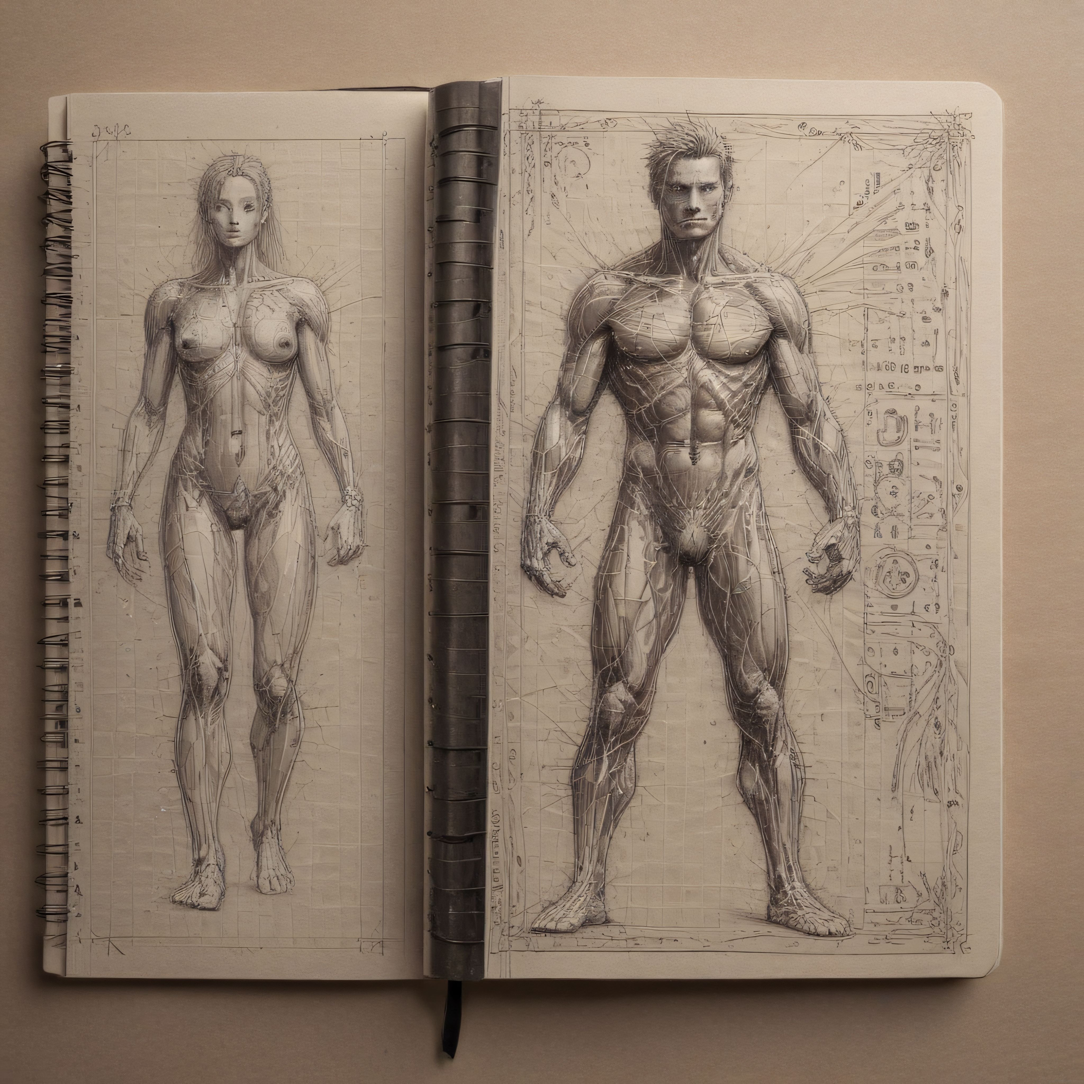 Sanat Defterinde Kadın ve Erkek İnsan Anatomisi Detaylı Karakalem Çalışması