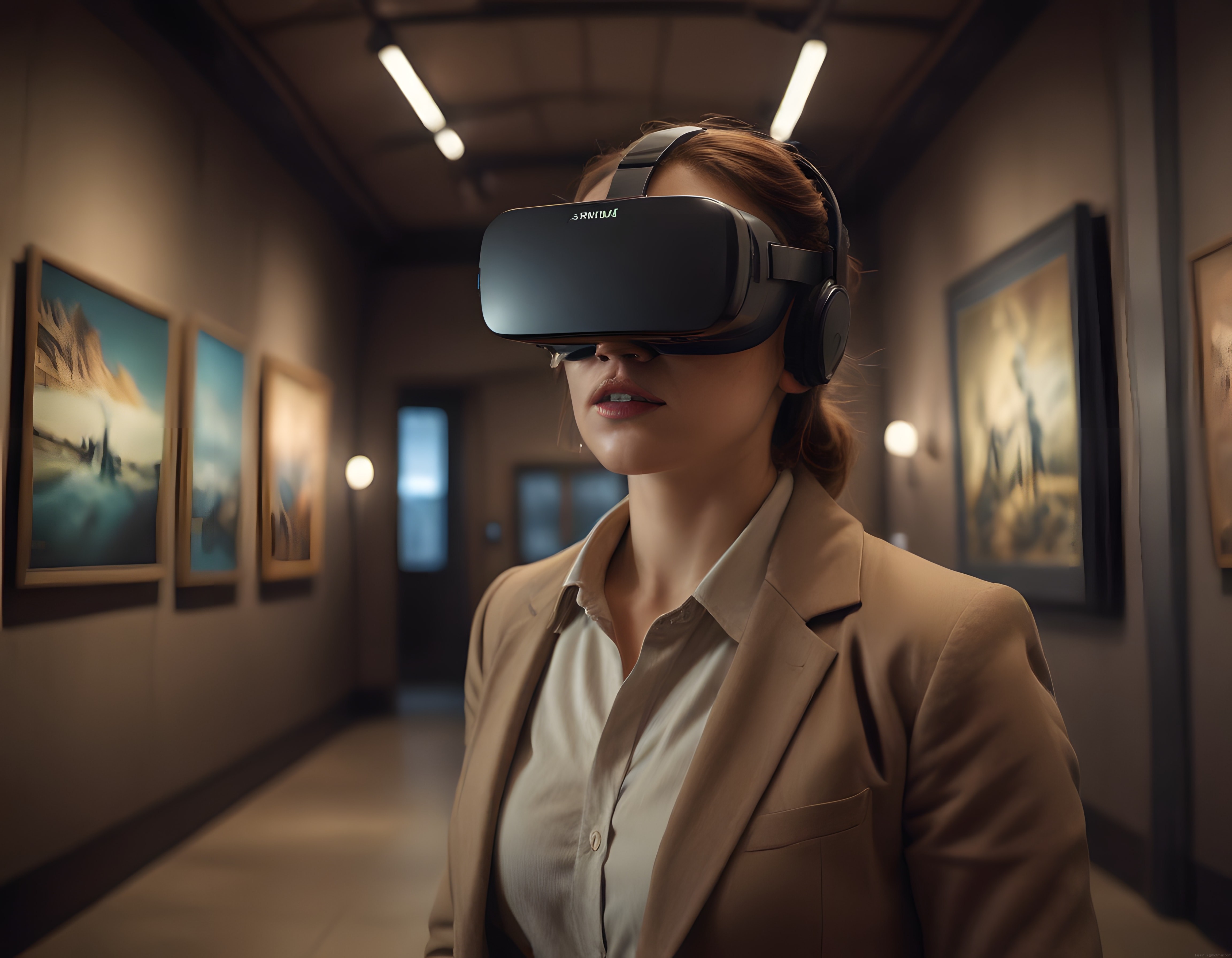 Sanat Galerisinde VR Gözlükle Sanal Gerçeklik Deneyimi Yaşayan Kadın
