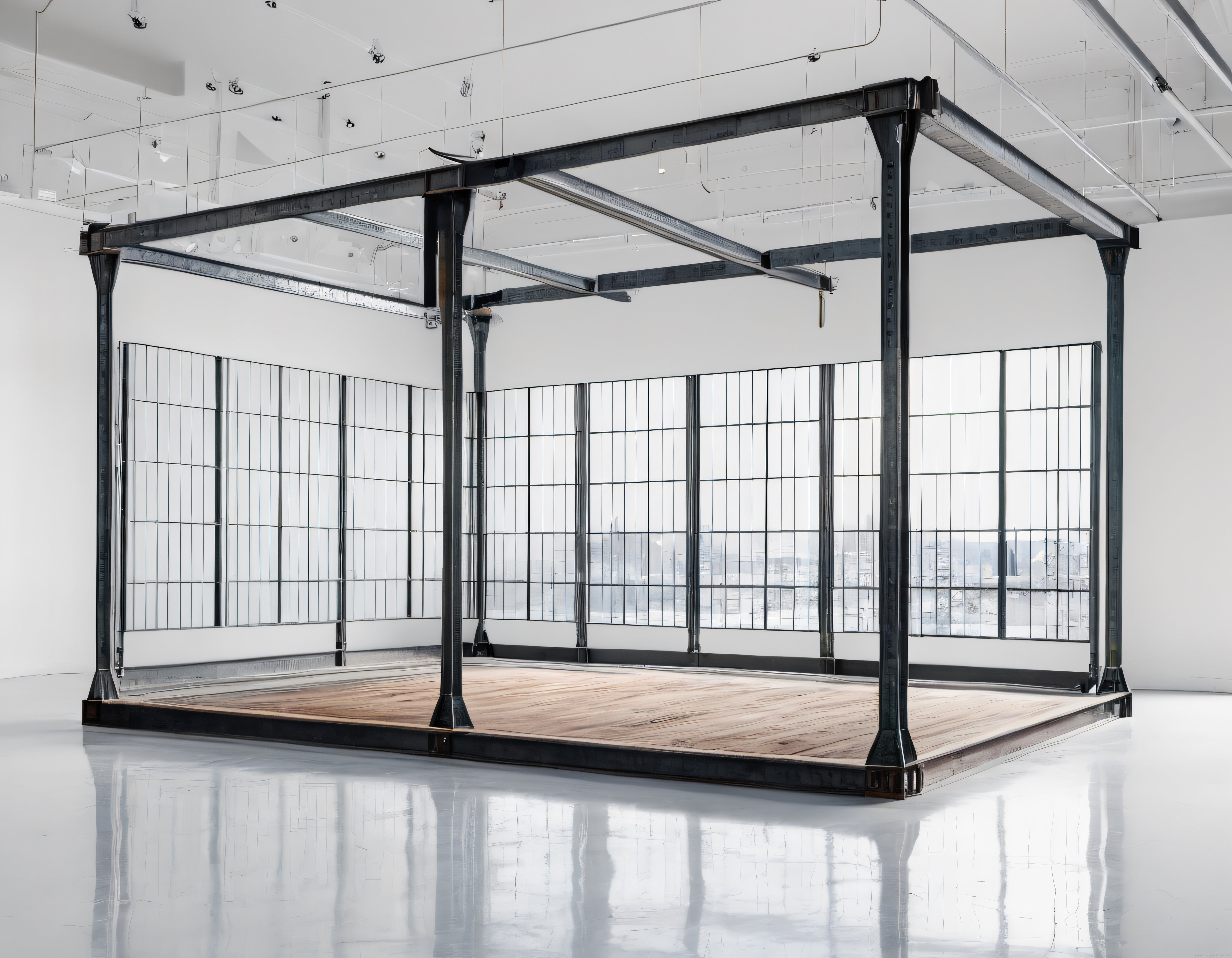 Sanat Galerisindeki Endüstriyel Çelik ve Ahşap Konstrüksiyon Enstalasyonu
