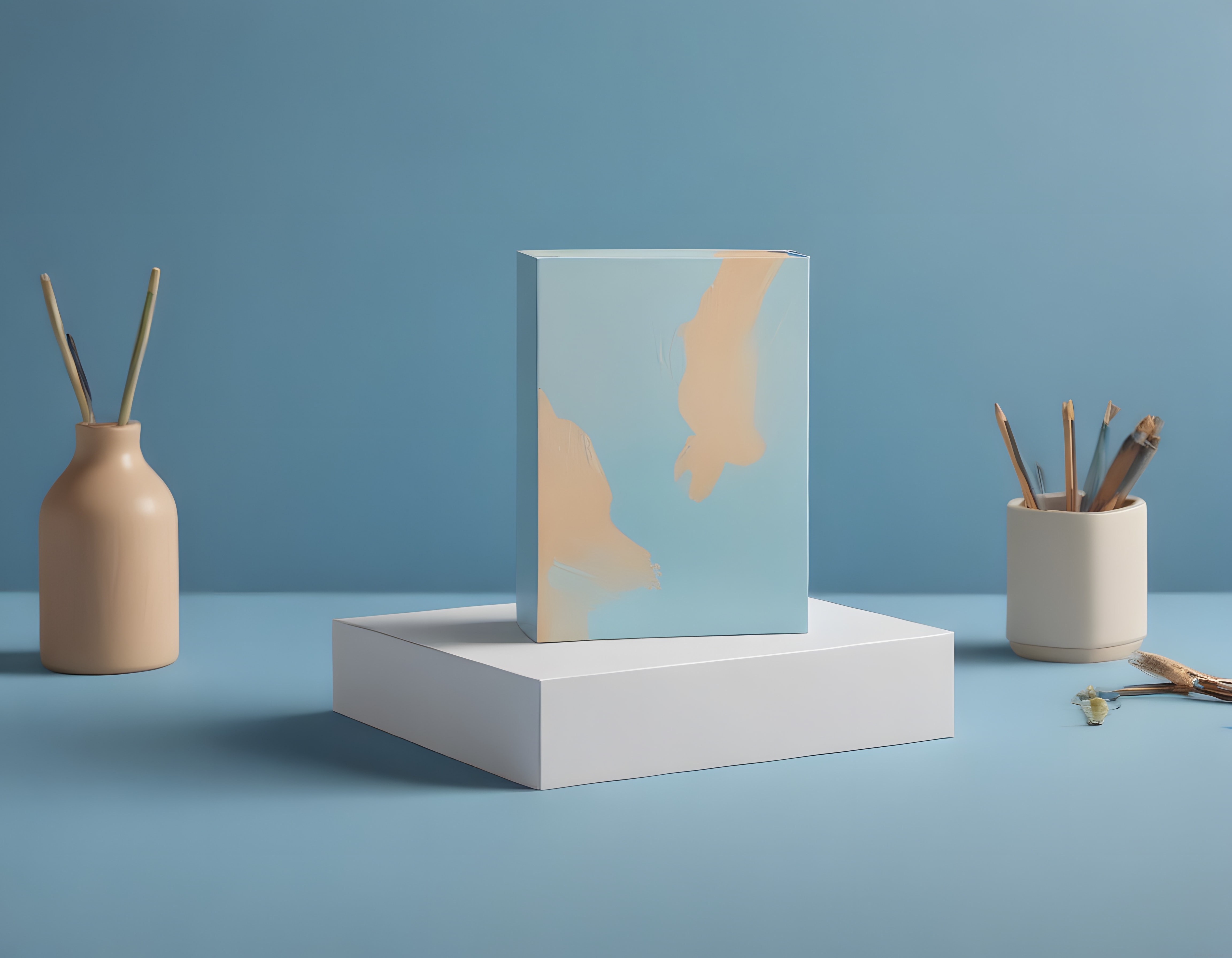 Sanat Stüdyosu Konseptinde Mavi Arka Planlı Dekoratif Kutu ve Boya Fırçaları
