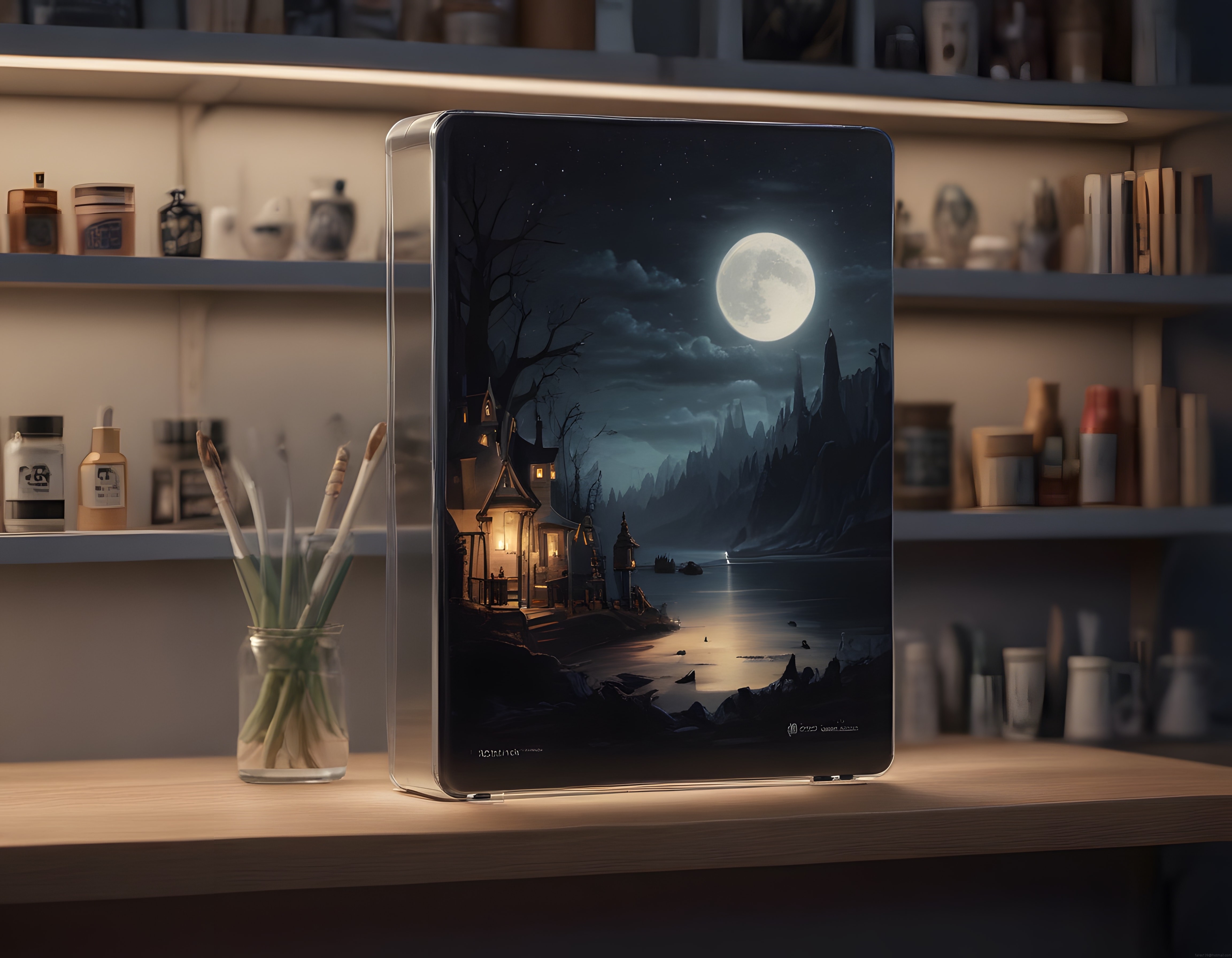 sanat stüdyosunda fantastik gece manzarası ve dijital çerçeve