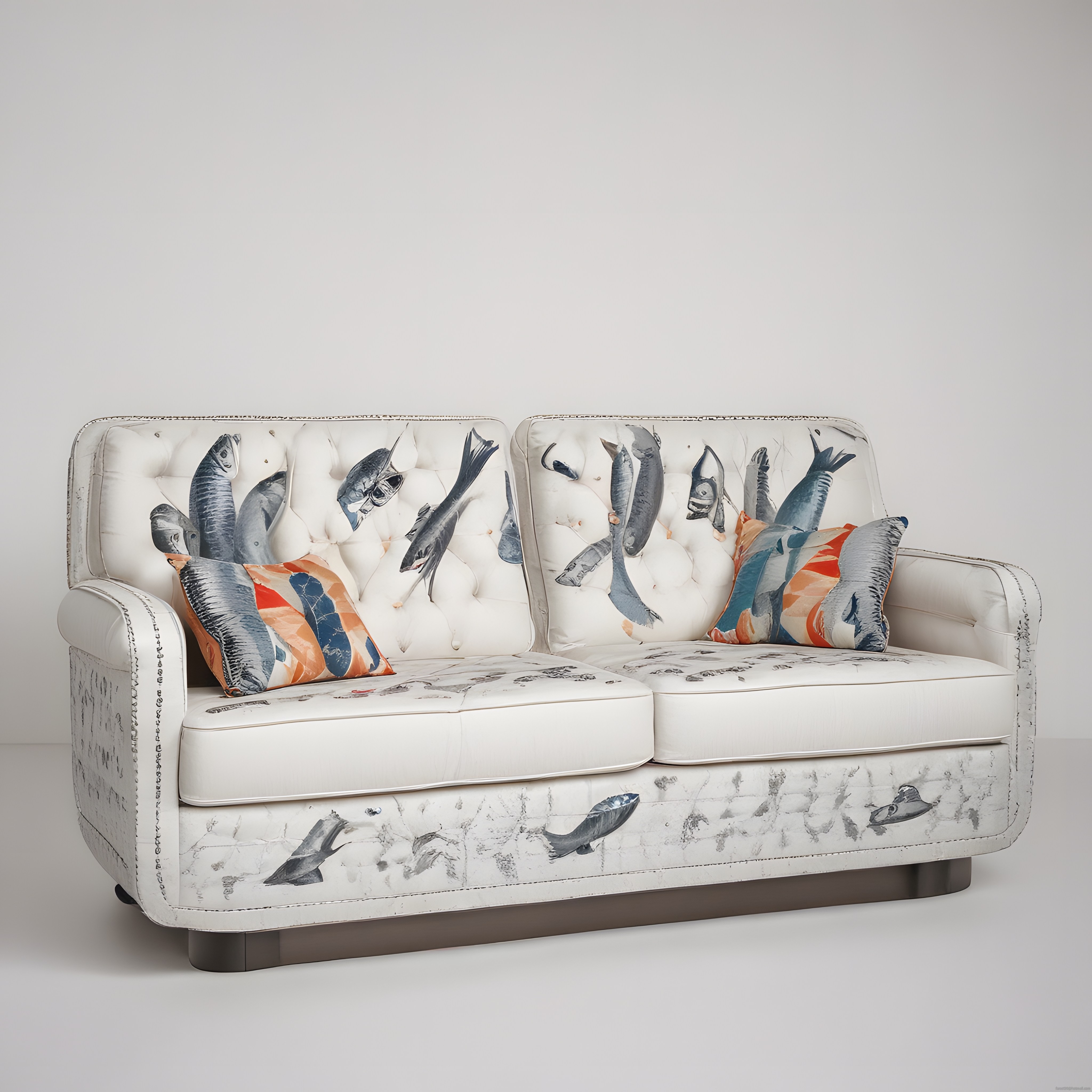 Sanatsal Balık Desenleriyle Süslenmiş Beyaz Chesterfield Deri Kanepe